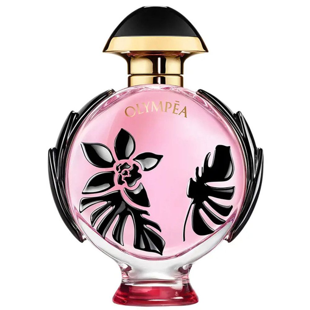 Runder Glasflakon mit rosa Parfüm, schwarzen Blattmotiven und goldenem Verschluss.