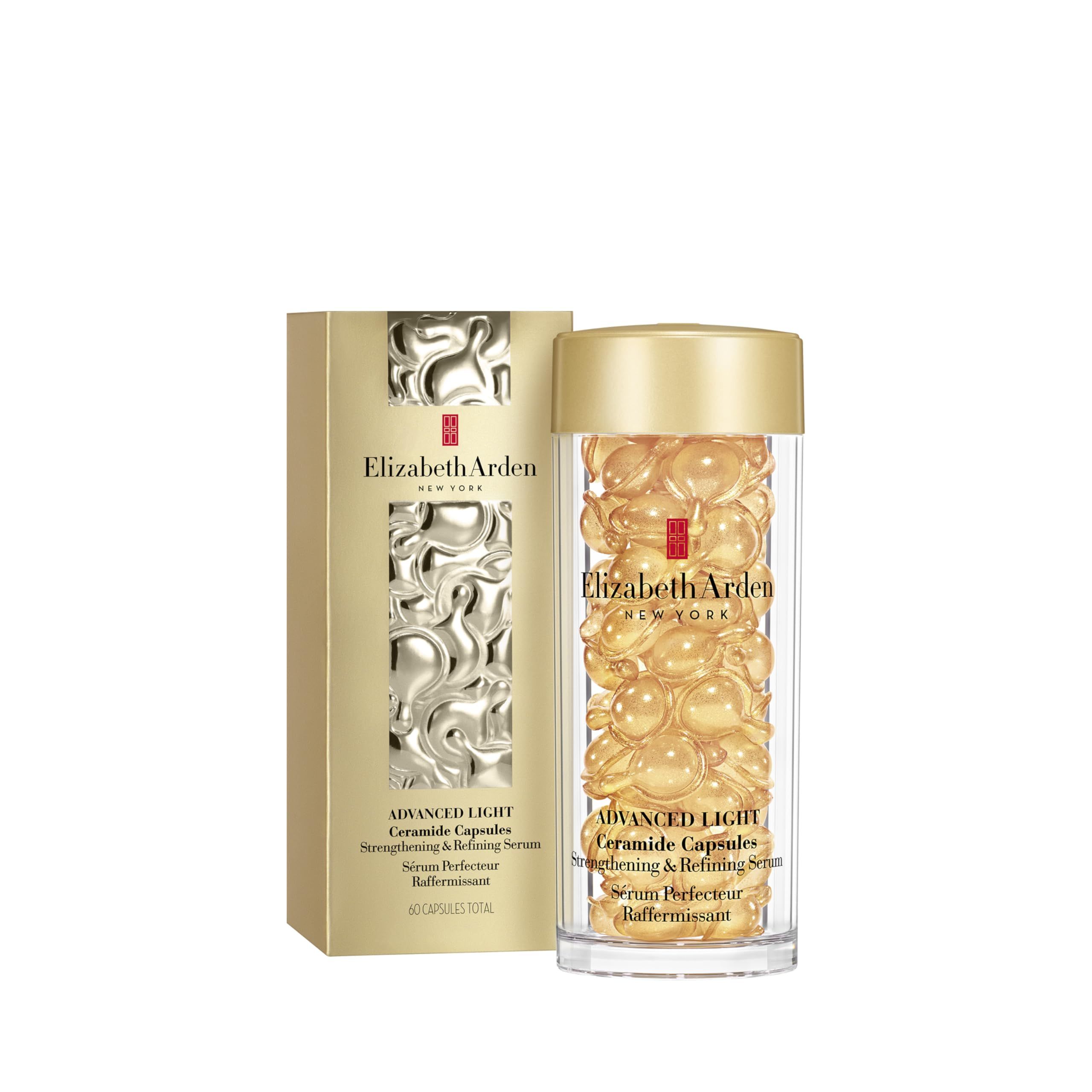 Produktverpackung mit Kapseln. Text: Elizabeth Arden NEW YORK, Advanced Light Ceramide Capsules, Strengthening & Refining Serum, Serum Perfecteur Raffermissant.
