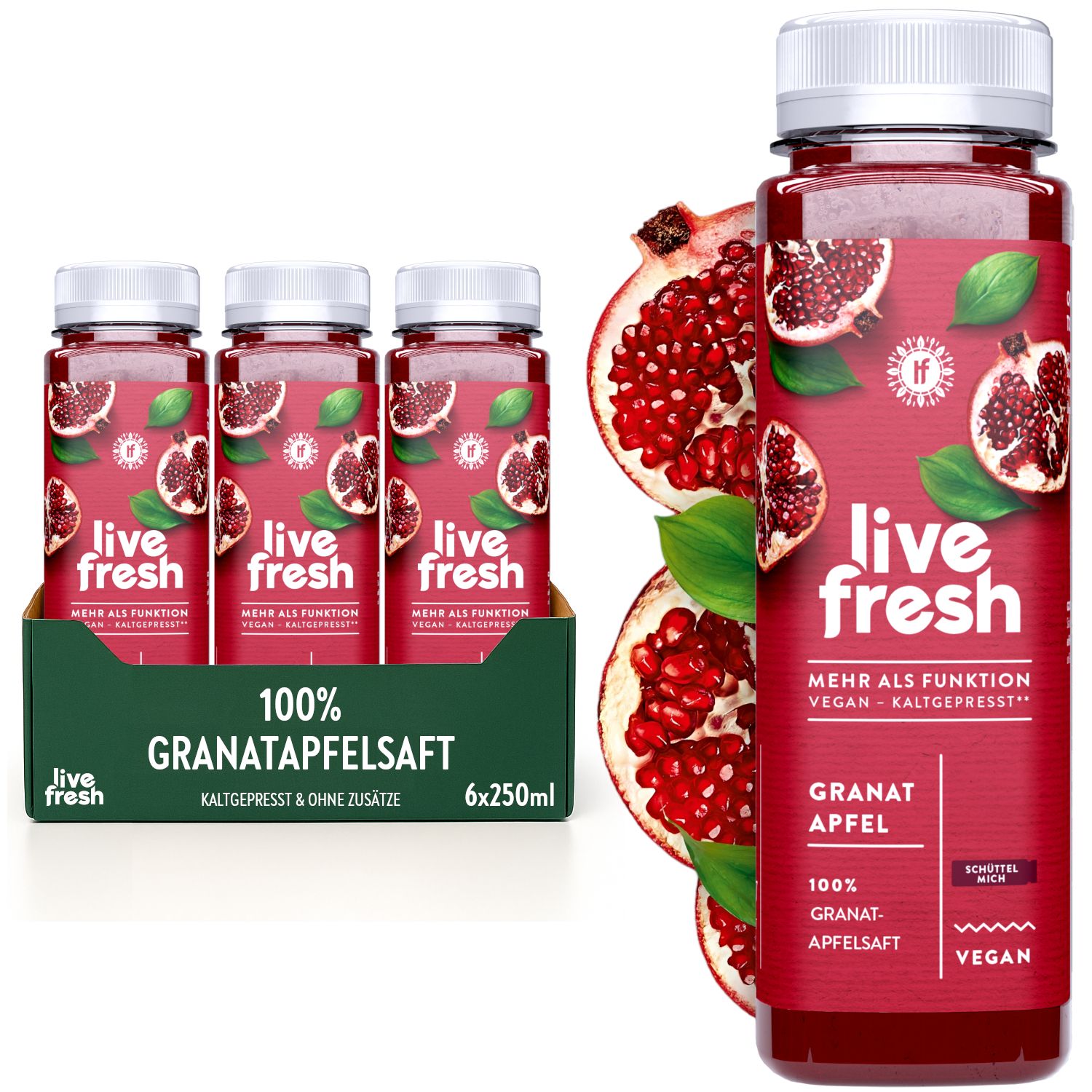 Drei Flaschen LiveFresh Granatapfelsaft in einer Verpackung. Eine Flasche daneben. Text: 100% Granatapfelsaft.