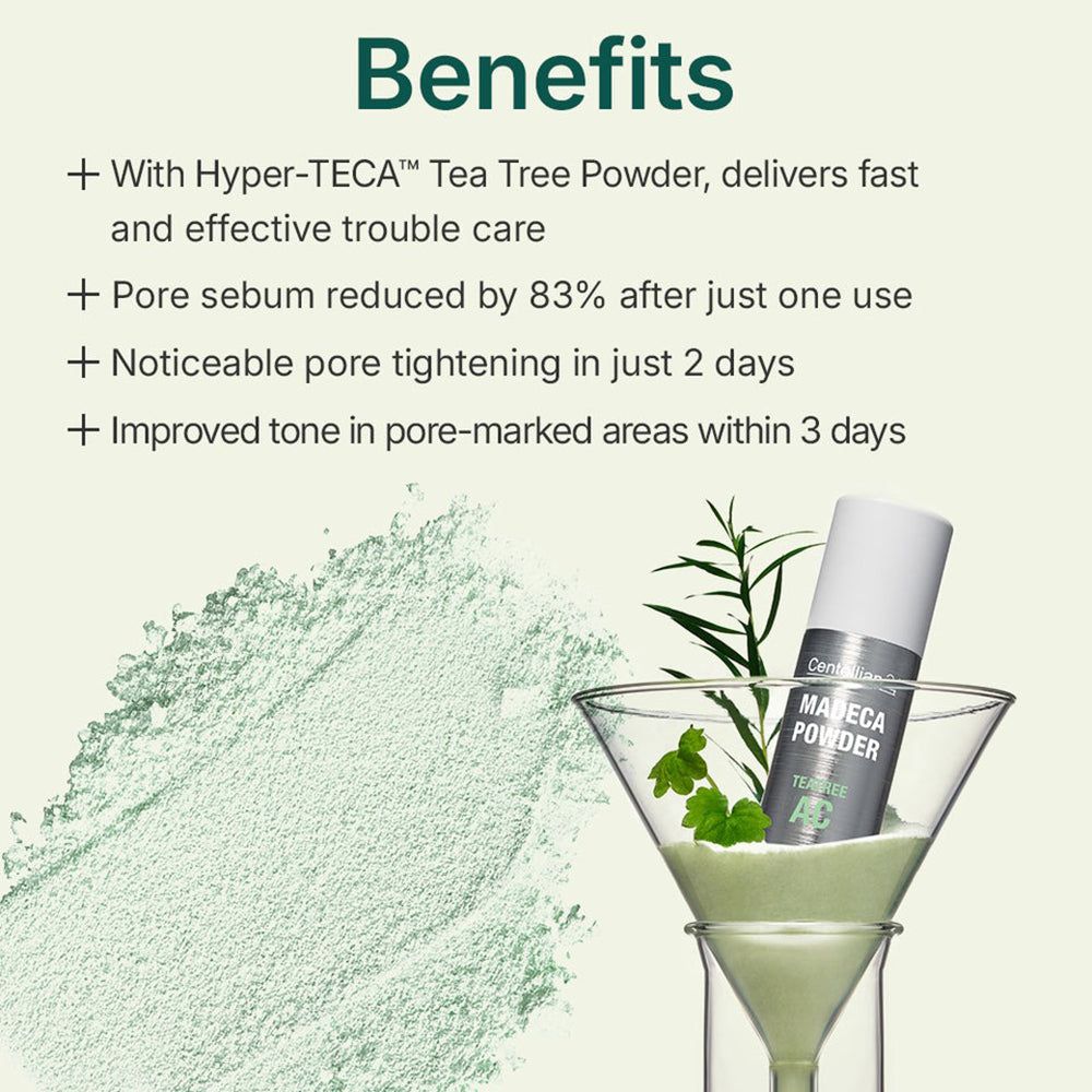 Produkt in einem Glas. Text: Vorteile. Enthält Hyper-TECA Tea Tree Powder. Reduziert Poren, verbessert Hautton.