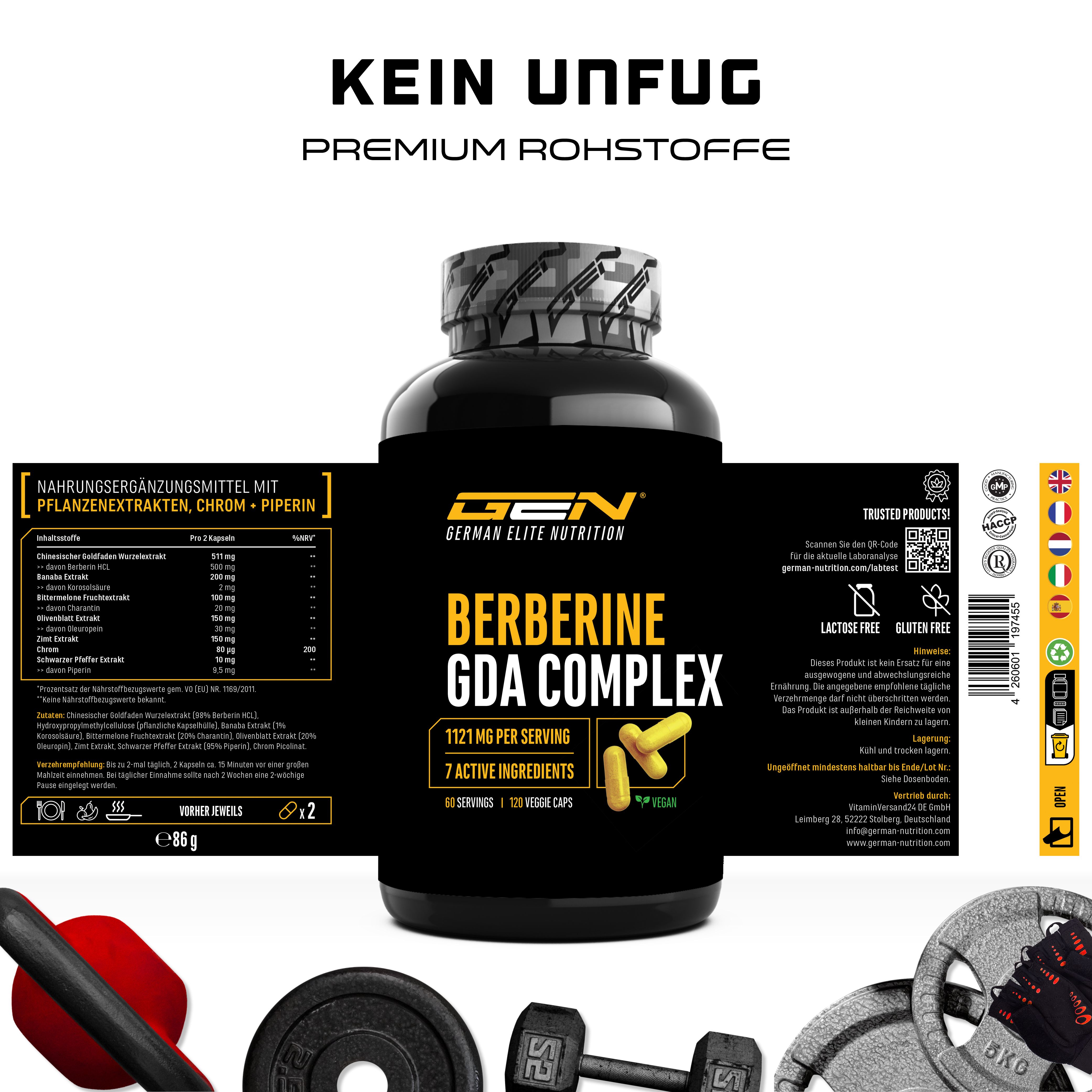 GEN Berberine GDA Complex. Schwarze Flasche mit gelben Kapseln. Text: 1121 mg pro Portion, 7 Wirkstoffe. Nahrungsergänzungsmittel mit Pflanzenextrakten.