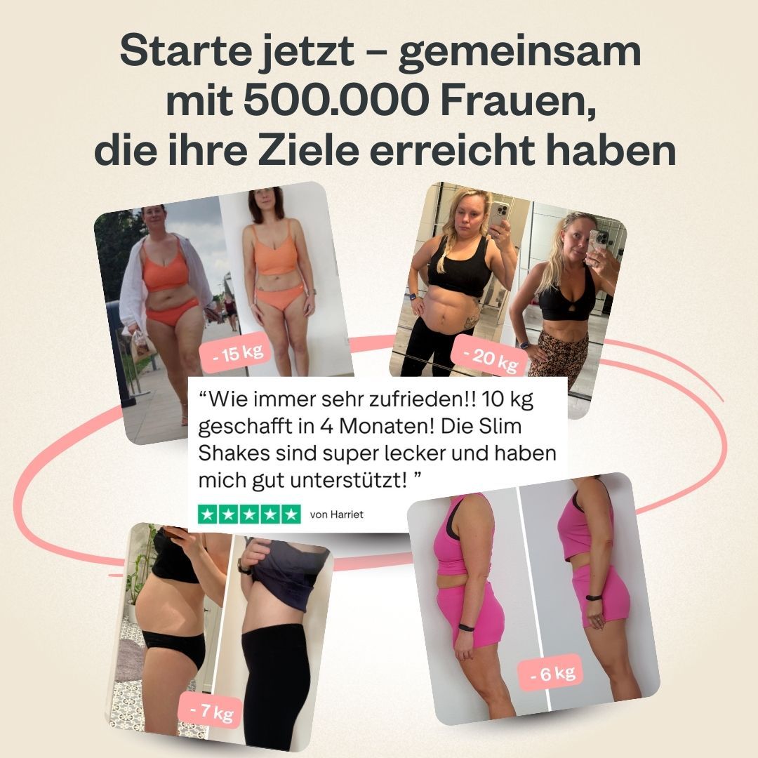 Collage von Frauen vor und nach der Gewichtsabnahme. Text: 10 kg in 4 Monaten. Slim Shakes sind lecker und unterstützen.