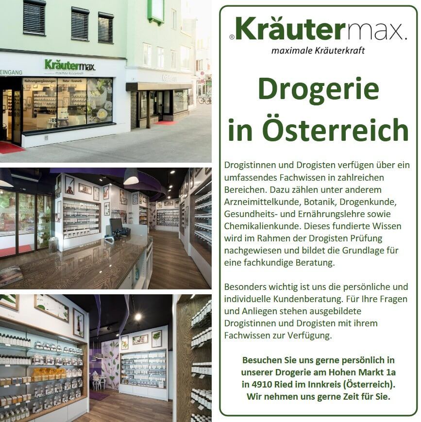 Collage von Apotheken-Innenräumen und -Fassaden. Text: Drogerie in Österreich. Kräutermax Logo. Bilder von Regalen und Beratung.