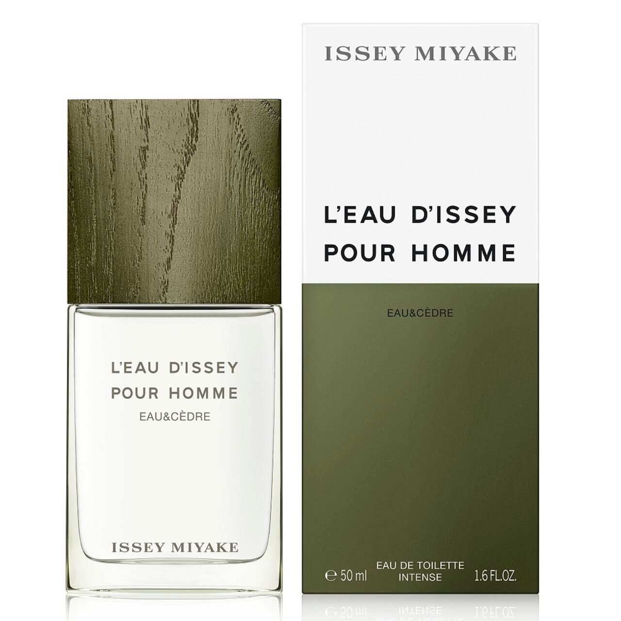 Glasflakon und Verpackung. Aufschrift: L'EAU D'ISSEY POUR HOMME EAU&CÈDRE. Marke: ISSEY MIYAKE. 50 ml.