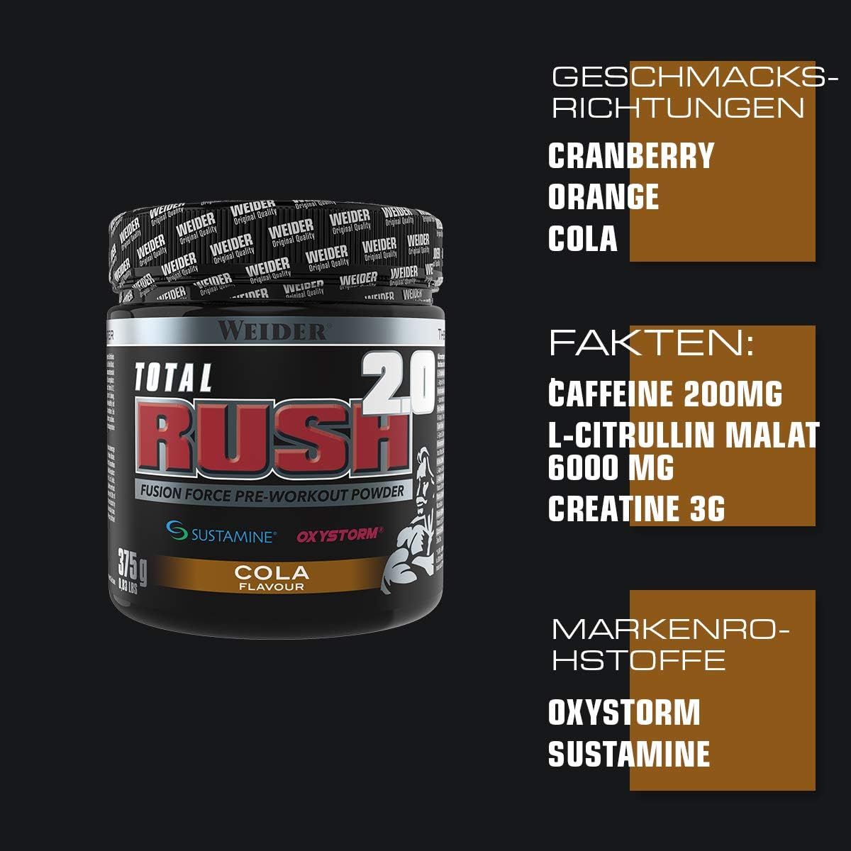 Weider Total Rush 2.0 Cola: Pre-Workout Pulver, Fakten und Geschmacksrichtungen.