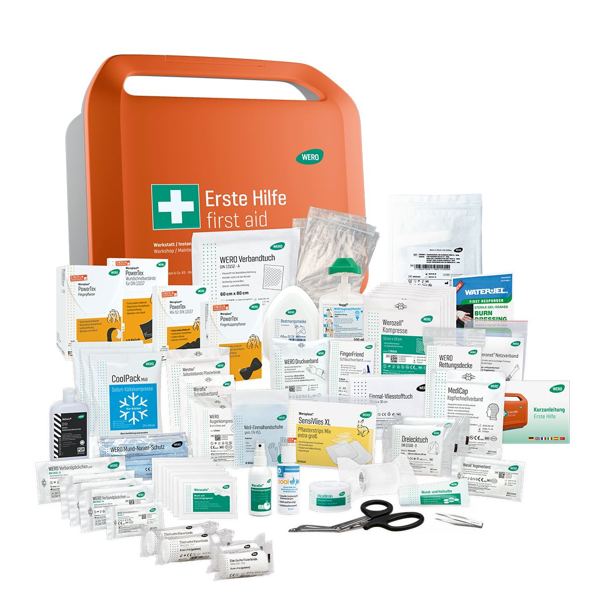 Erste Hilfe Koffer mit Inhalt. Viele medizinische Artikel, Verbandsmaterial, Flaschen, Schere. Orange Koffer.