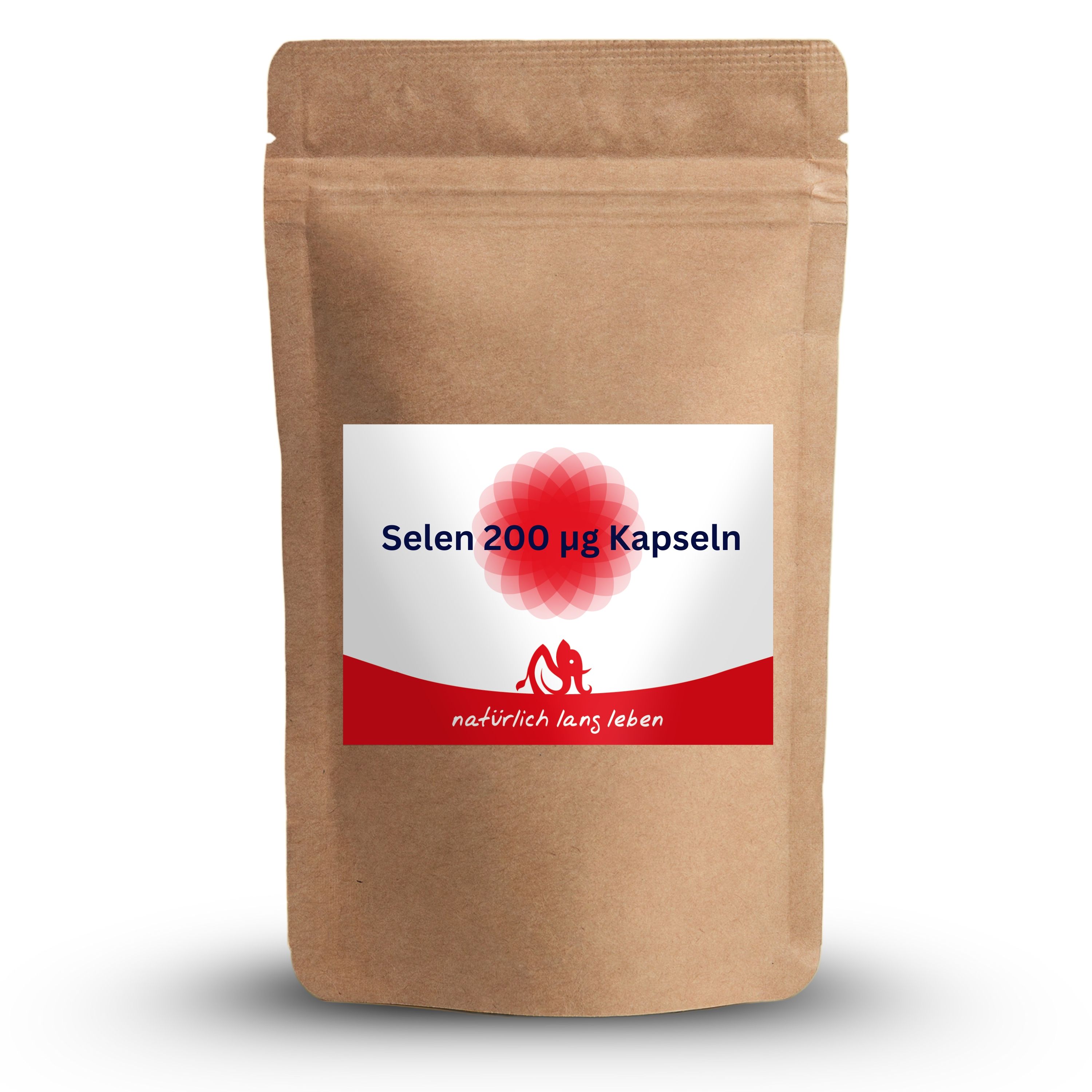 Braune Tüte mit Etikett. Auf dem Etikett steht "Selen 200 µg Kapseln" und das Logo von natürlich lang leben.