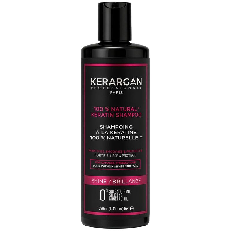Schwarze Shampoo-Flasche mit schwarzem Deckel. Aufschrift: Kerargan, 100% Natural Keratin Shampoo. Für strapaziertes Haar. 250ml.