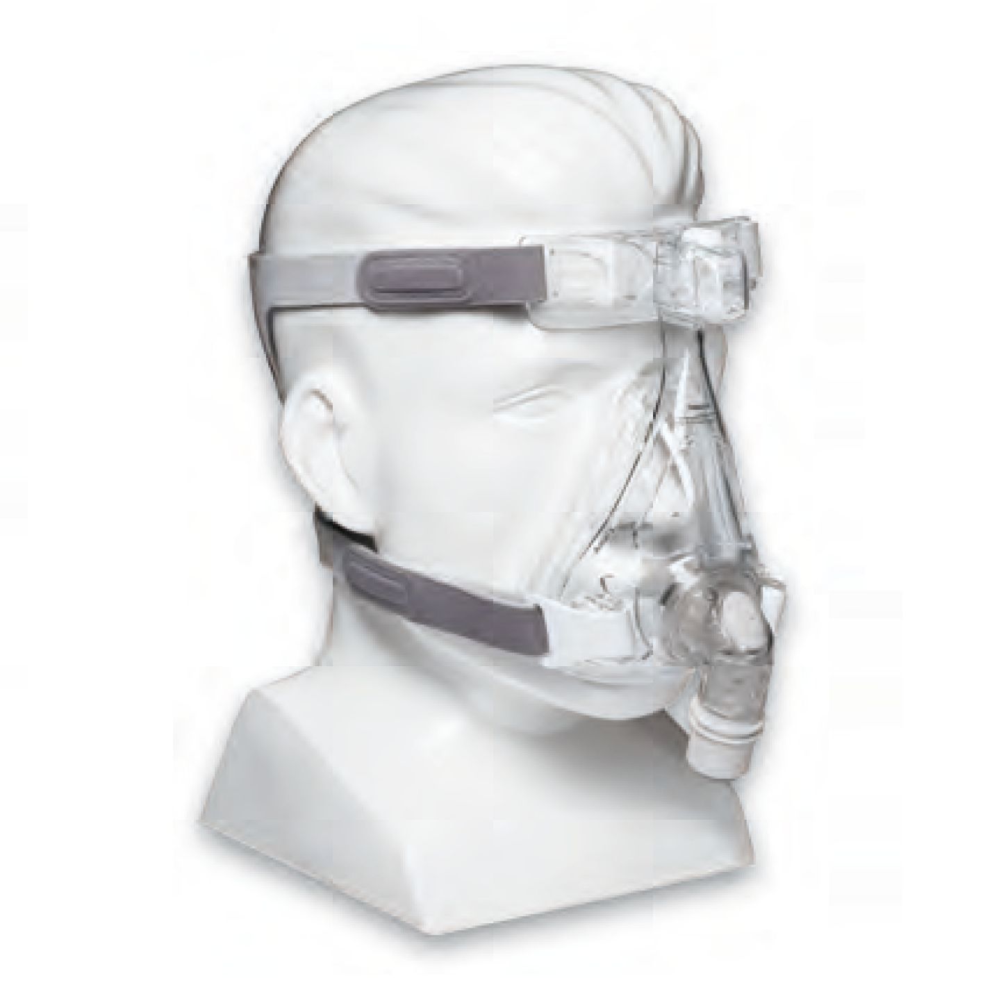 Transparente Mund-Nasen-CPAP-Maske mit weißem Anschlussstück und Kopfband, auf einem weißen Schaufensterkopf.