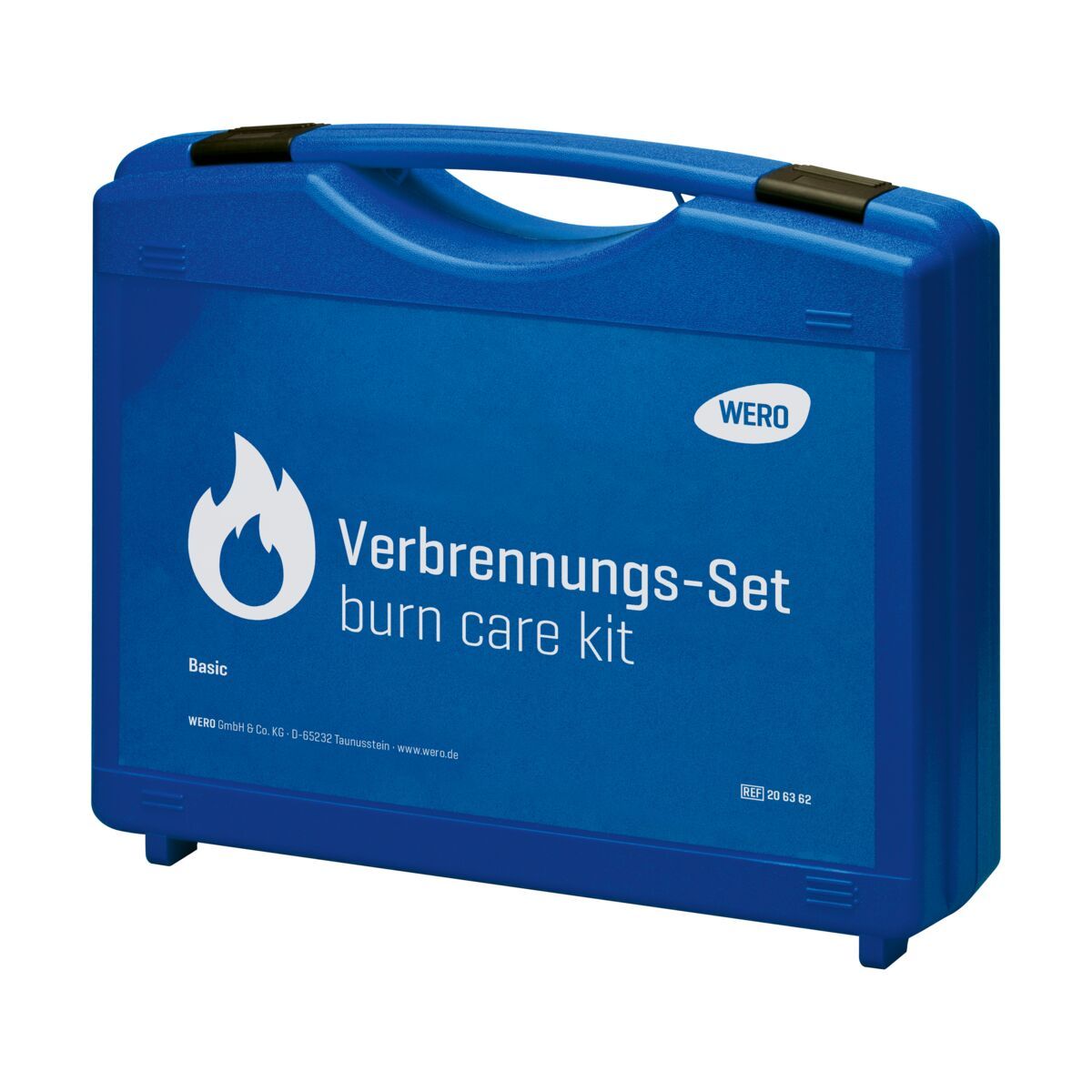 Blauer Koffer mit Tragegriff. Aufschrift: WERO, Verbrennungs-Set, burn care kit. Logo: Flamme.