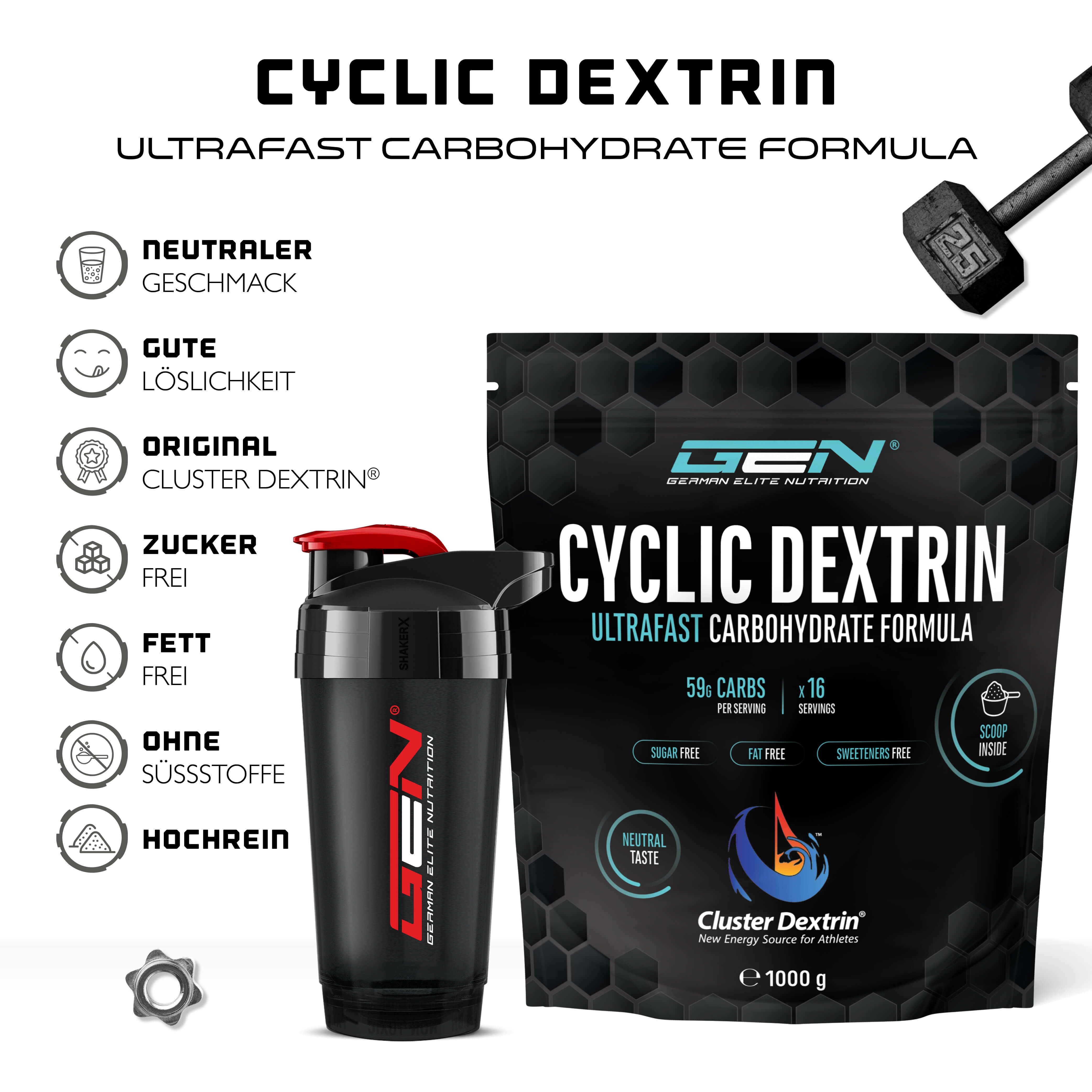 GEN Cyclic Dextrin, schwarze Tüte, Shaker. Text: Ultrafast Carbohydrate Formula, 16 Portionen, 1000g, neutraler Geschmack, gute Löslichkeit, original Cluster Dextrin.