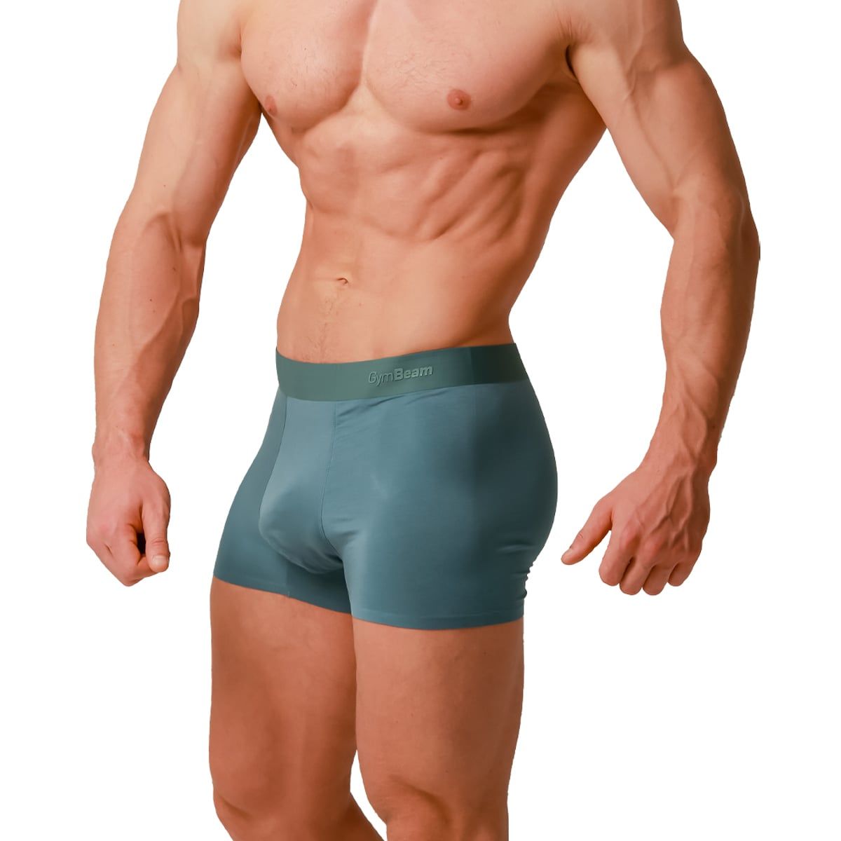 Seitenansicht eines Mannes in blauen Boxershorts aus Viskose-Elasthan-Mix.