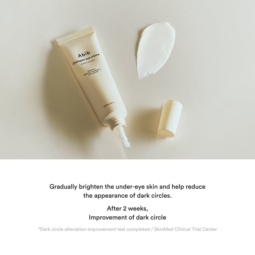 Hellbeige Creme-Tube und Klecks Creme. Aufschrift: Abib Collagen eye crème. Creme-Tube geöffnet, Creme tritt aus.