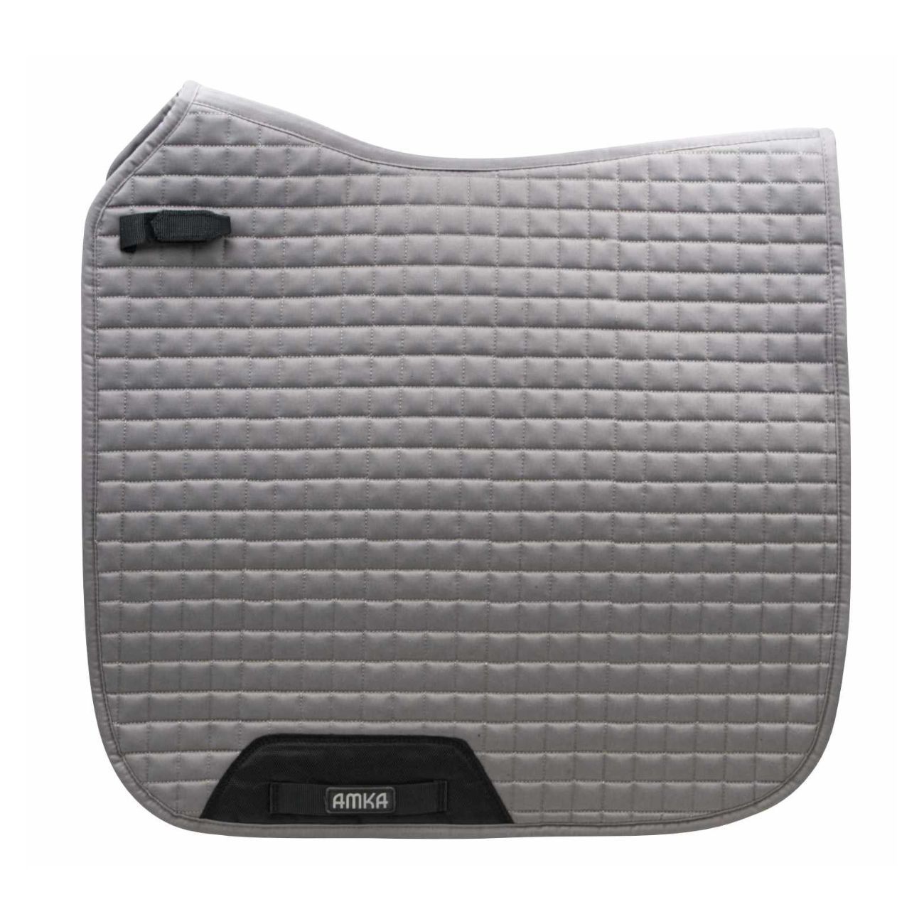 Graue Sattelunterlage mit quadratischer Steppung. Schwarze Details und AMKA-Logo. Rechteckige Form.