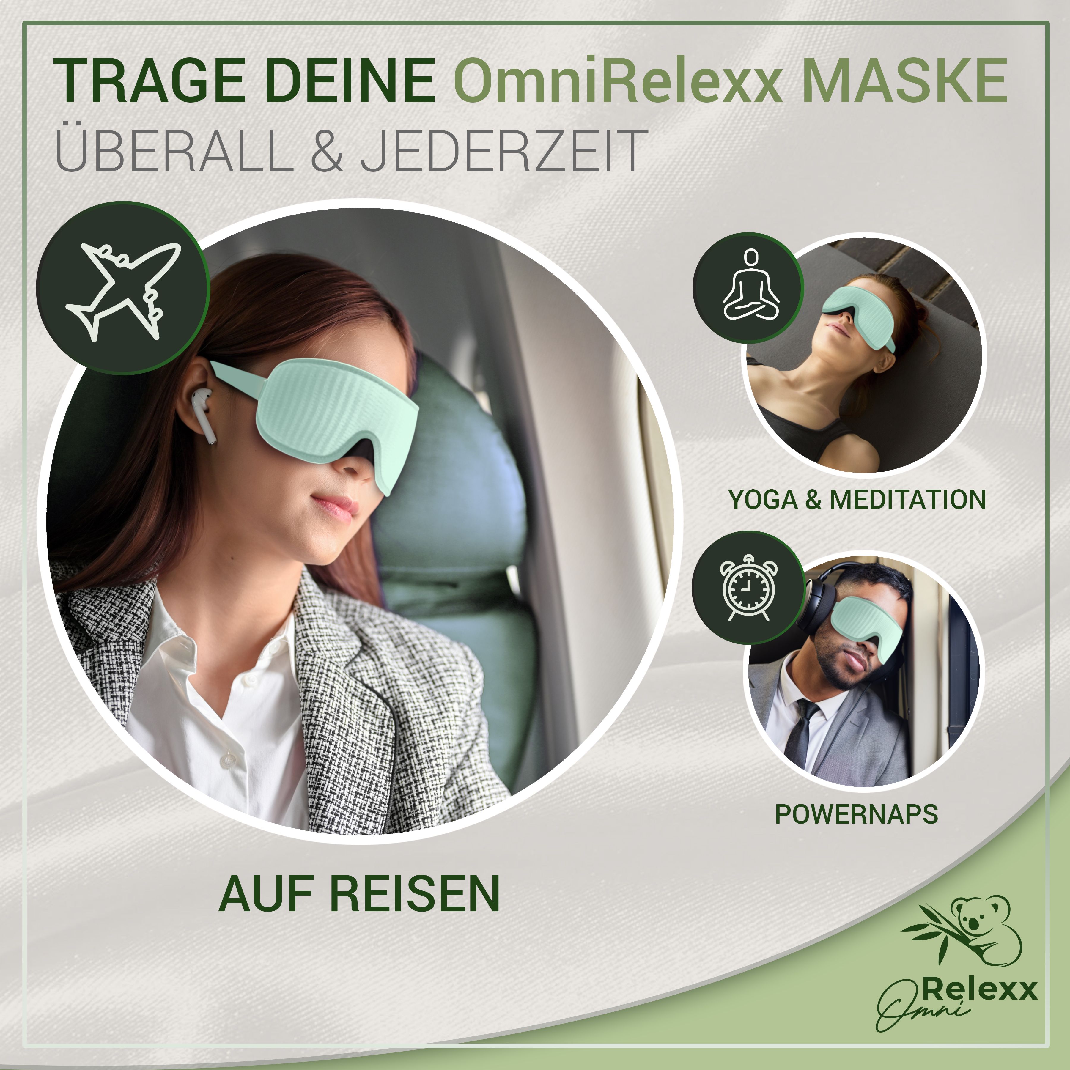 Frau im Flugzeug, Yoga, Powernaps. Schlafmaske überall & jederzeit. Logo Relexx Omni. Verschiedene Anwendungsszenarien.