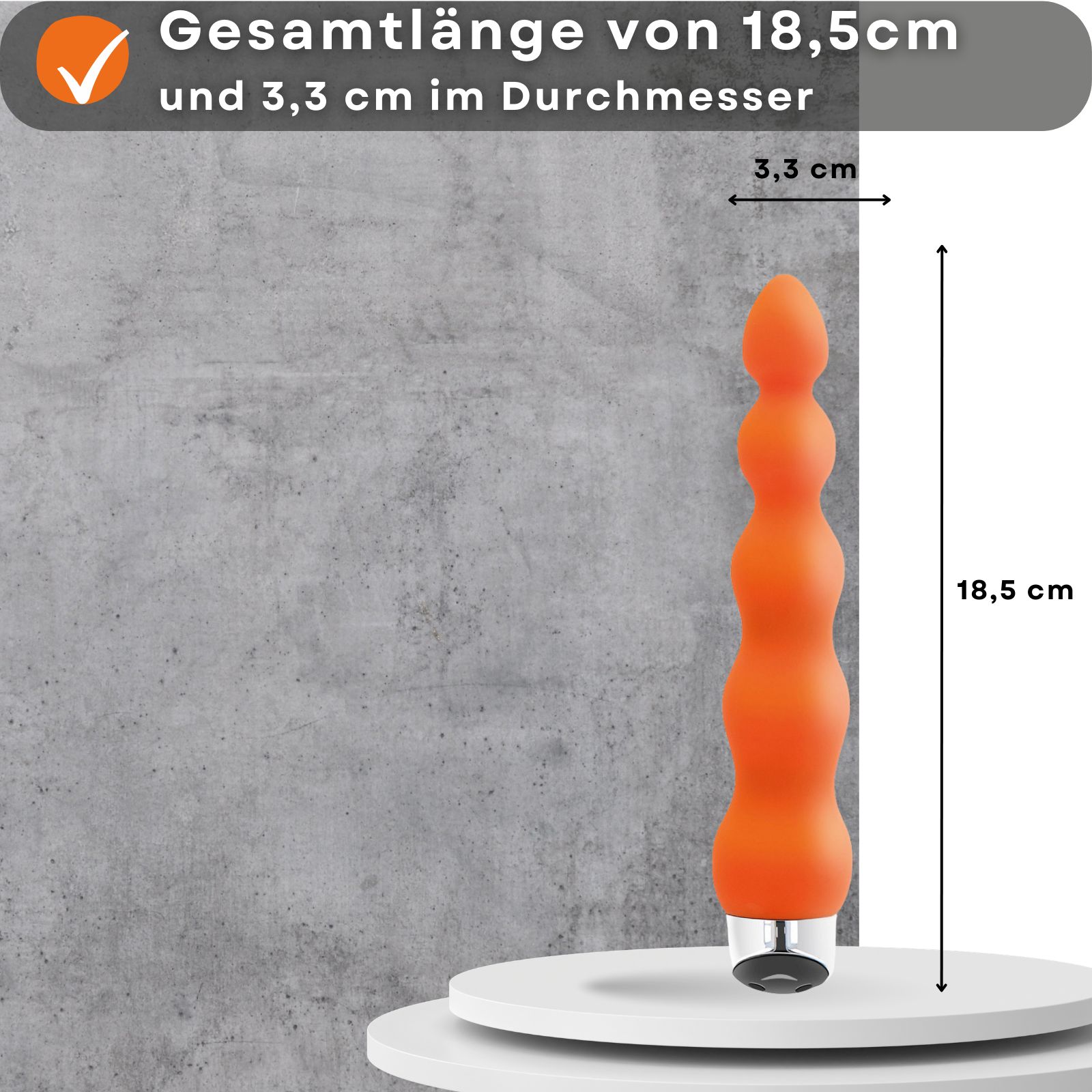 Orangener Vibrator mit Kugeln. Länge 18,5 cm, Durchmesser 3,3 cm. Aus Silikon und ABS-Kunststoff. Wiederaufladbar.