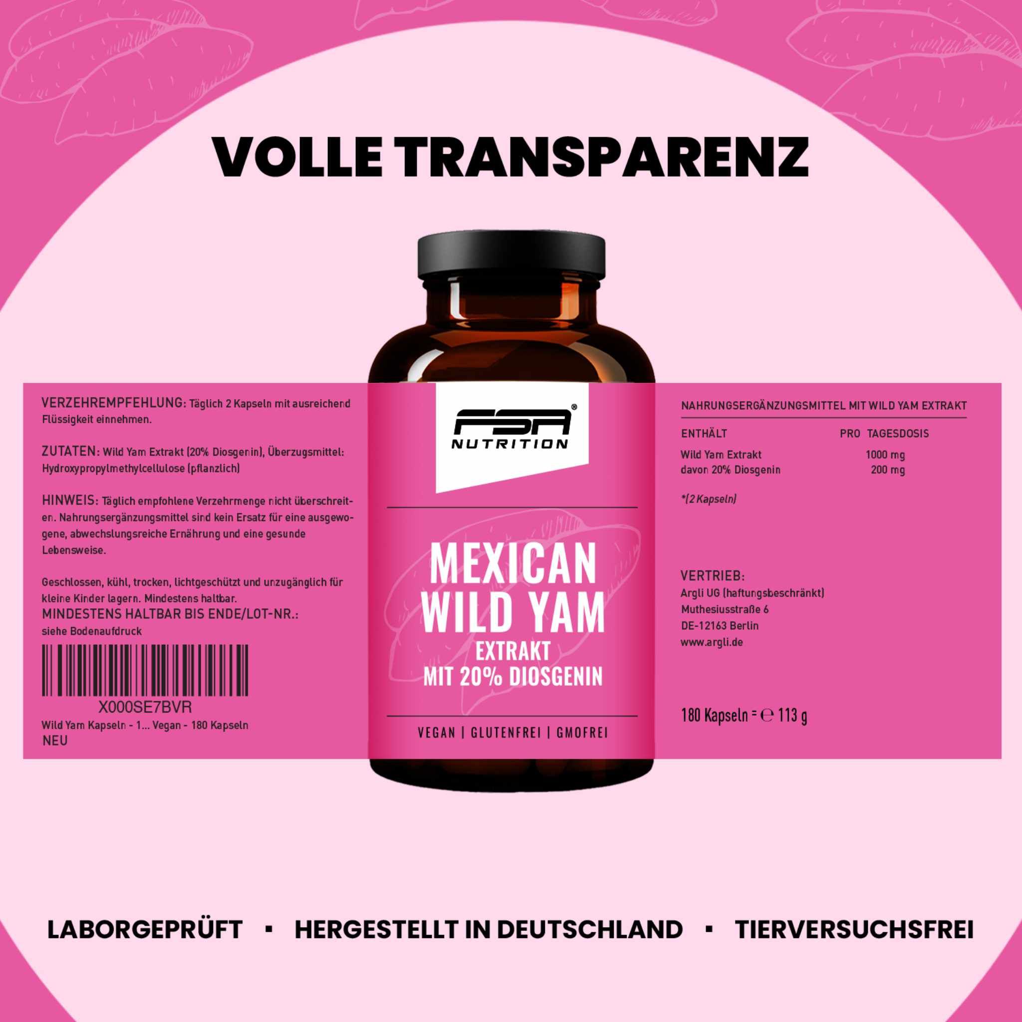 FSA NUTRITION Yamswurzel Extrakt | Mexican Wild Yams Extrakt mit 20% Diosgenin 180 Kapseln im Glas