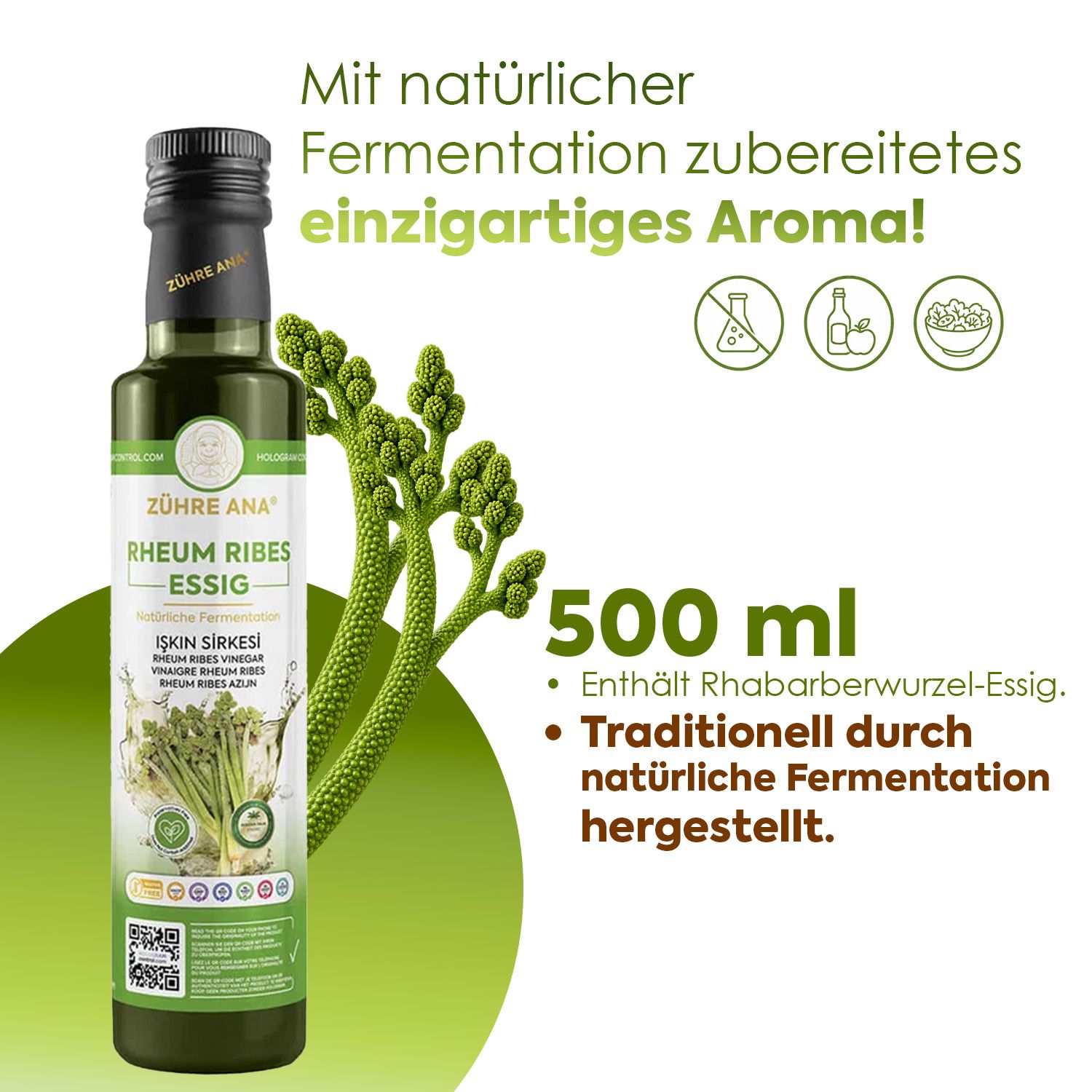 Flasche Zühre Ana Rheum Ribes Essig, 500 ml, mit Rhabarberwurzel, traditionell fermentiert.