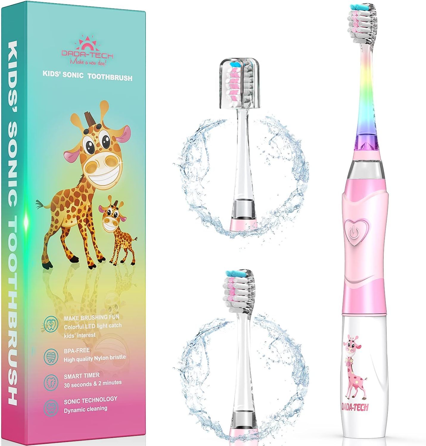 Elektrische Zahnbürste für Kinder, rosa, mit Giraffen-Motiv. Enthält Ersatzbürstenköpfe. Verpackung mit Produktinformationen.