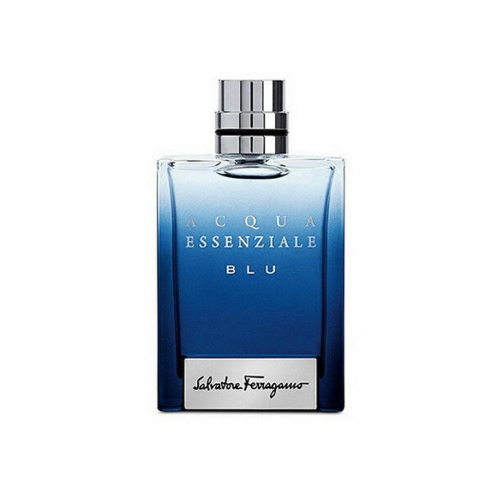 Blaues Parfümflakon mit silbernem Verschluss. Aufschrift: Acqua Essenziale Blu. Unterhalb: Salvatore Ferragamo.