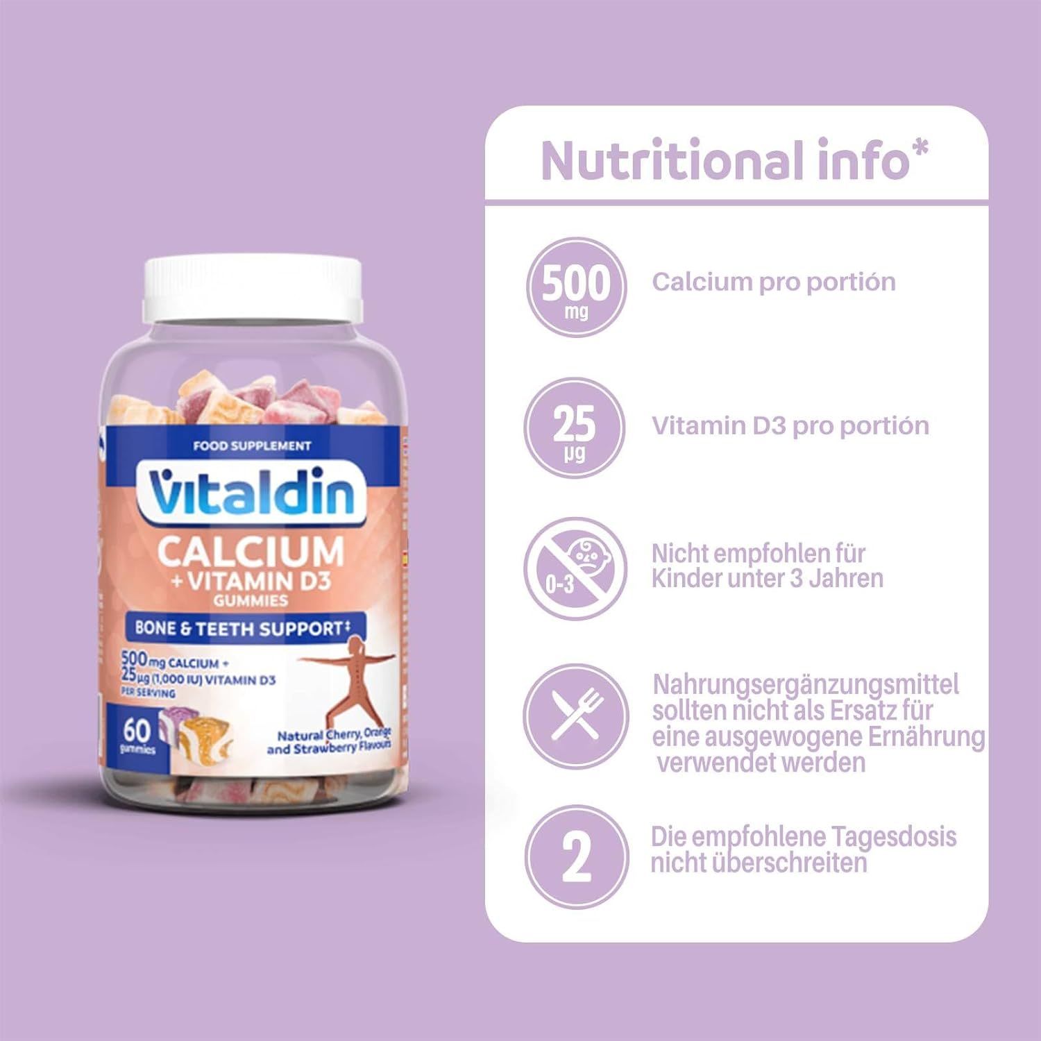 Eine Flasche VITALDIN Calcium + Vitamin D3 Gummies und eine Infografik. Aufschrift: Knochen- und Zahnunterstützung. Enthält 60 Gummies. Nährwertangaben.