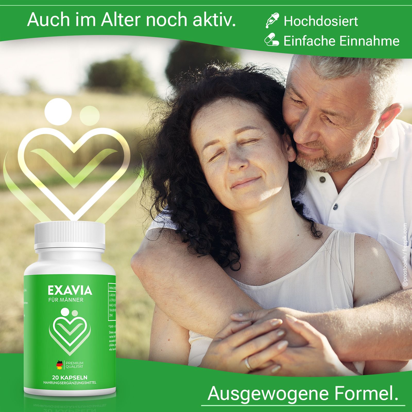 Produktflasche vor Paar. Text: Auch im Alter noch aktiv, Ausgewogene Formel, Einfache Einnahme. Aufschrift: EXAVIA FÜR MÄNNER. 20 Kapseln.