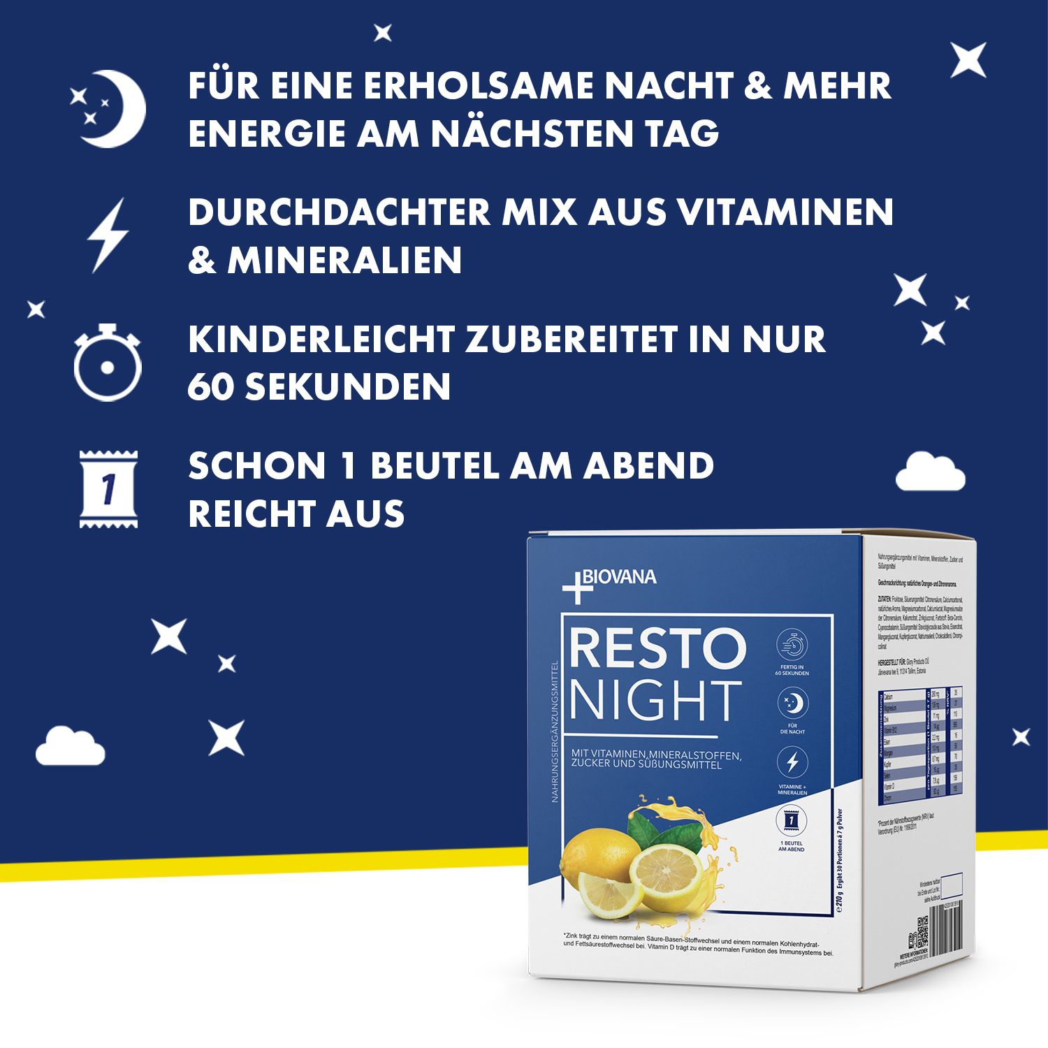 Resto Night-Box mit Produktlogo, Mond-Symbol, Zitronen-Abbildung. Text: Vitamine, Mineralstoffe, Zucker.
