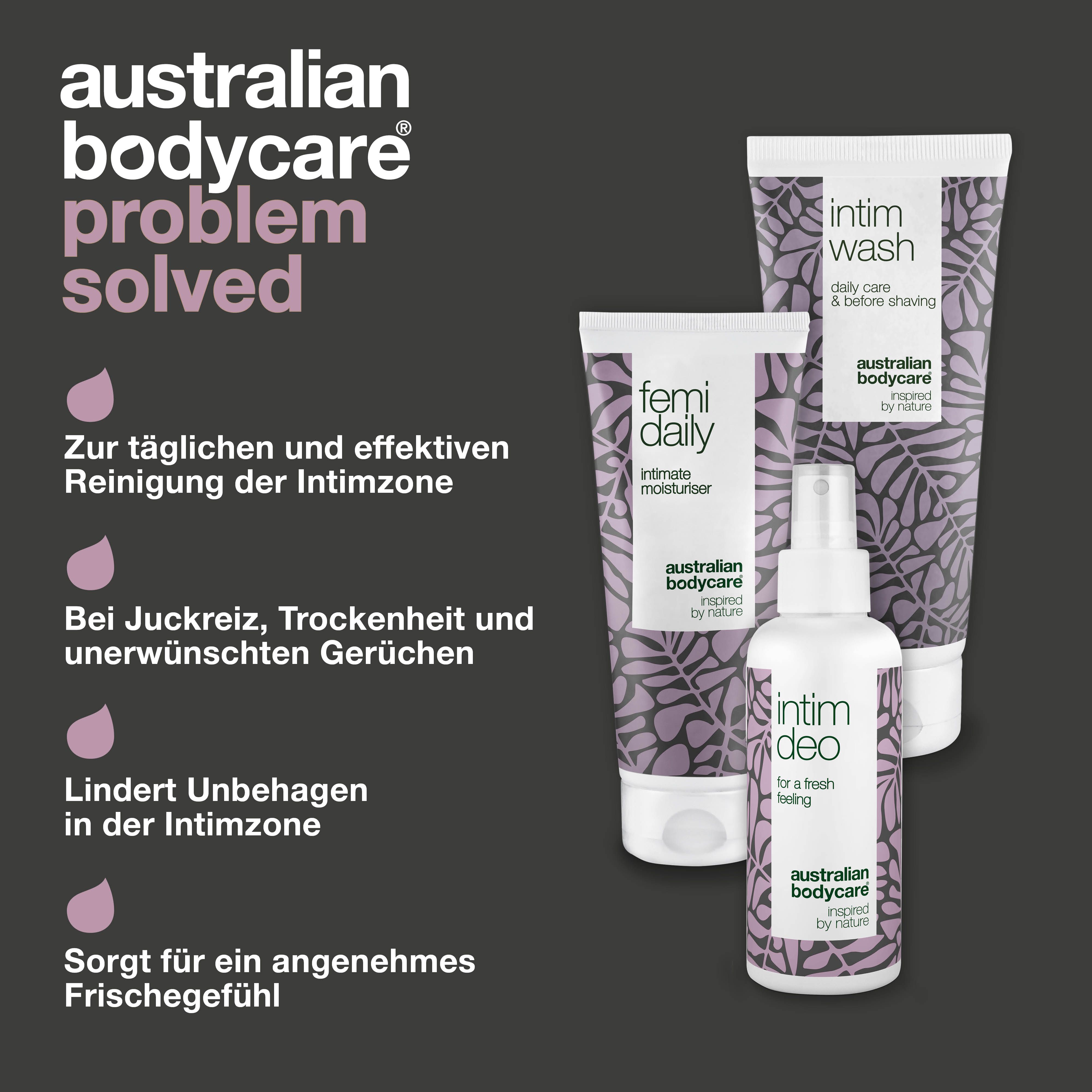 Drei Produkte: Intim Wash, Femi Daily, Intim Deo. Text: Problem gelöst. Vorteile für die Intimzone.