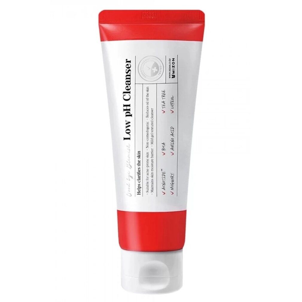 Weiß-rote Tube "Low pH Cleanser". Enthält BHA und Teebaum. Marke MIZON.