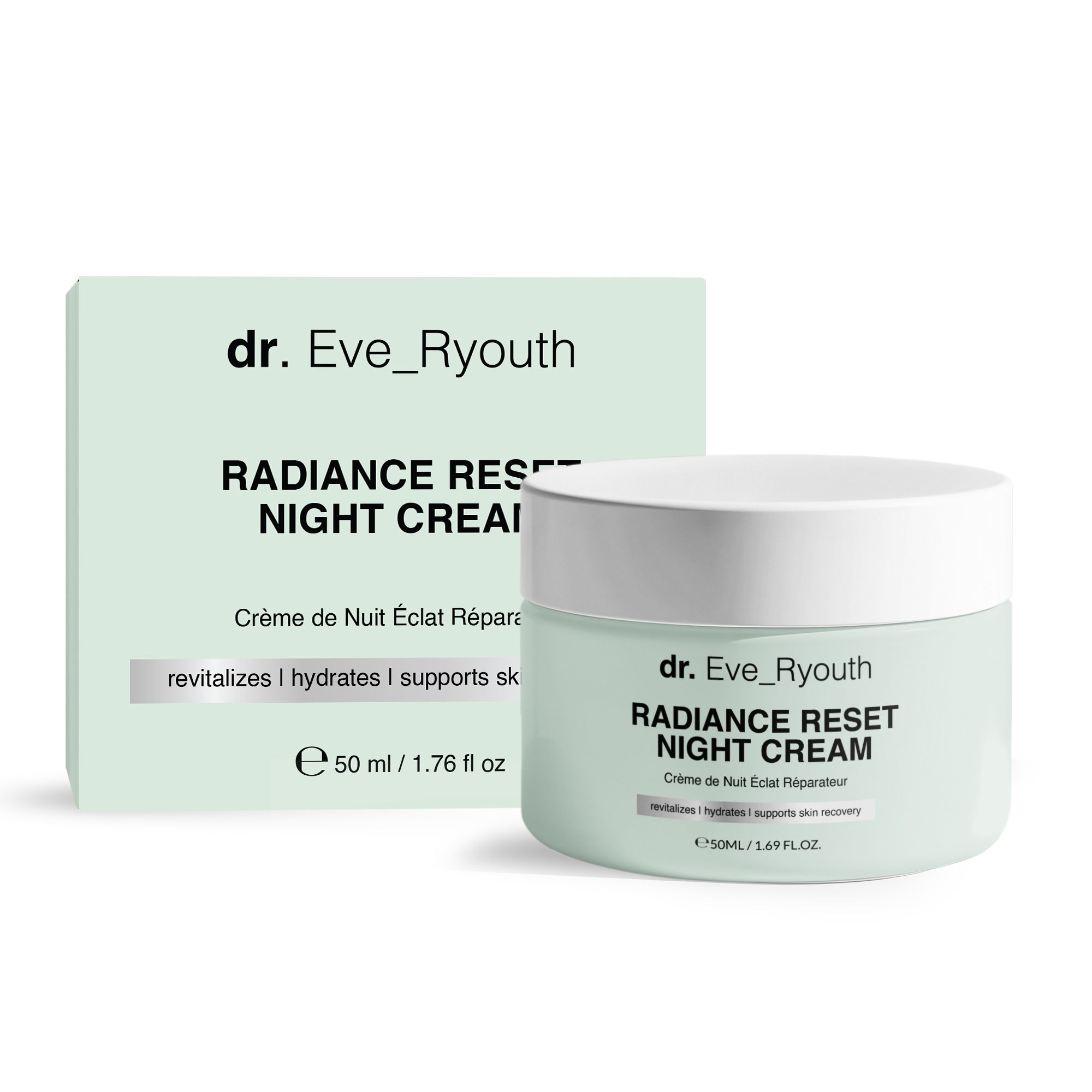 Creme-Tiegel und Schachtel. Aufschrift: Dr. Eve_Ryouth Radiance Reset Night Cream. Text: revitalizes | hydrates | supports skin recovery. 50 ml / 1.76 fl oz.