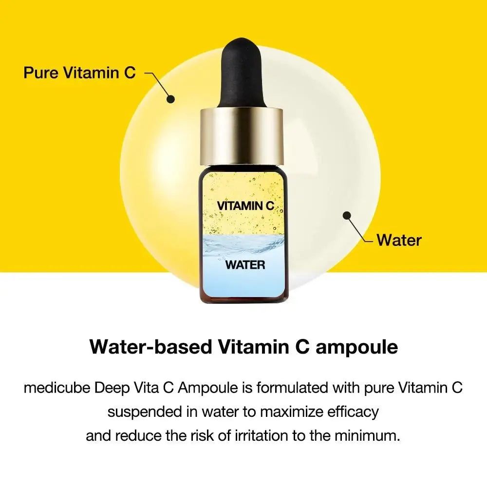 Grafik: Vitamin C Ampulle. Fläschchen mit Vitamin C und Wasser. Text: Water-based Vitamin C ampoule.