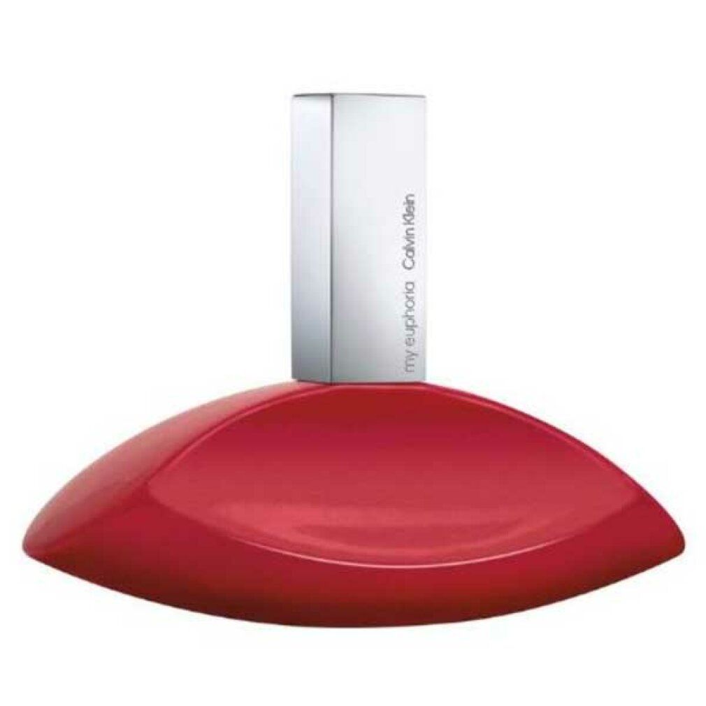 Roter Flakon mit silbernem Verschluss. Aufschrift: my euphoria Calvin Klein.