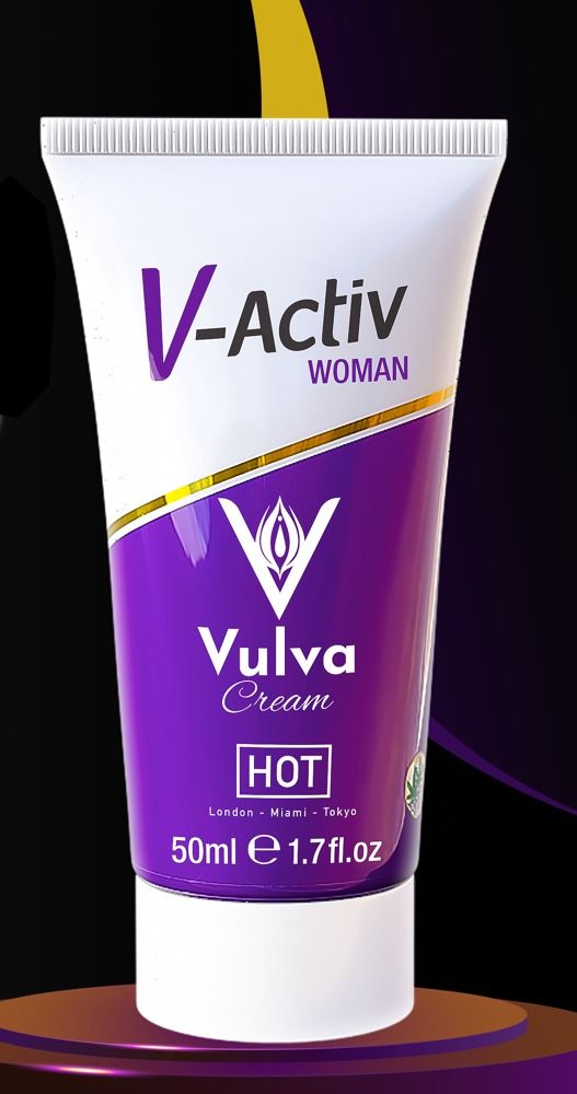 V-Activ Vulva Cream HOT Tube auf dunklem Hintergrund mit lila Akzenten.