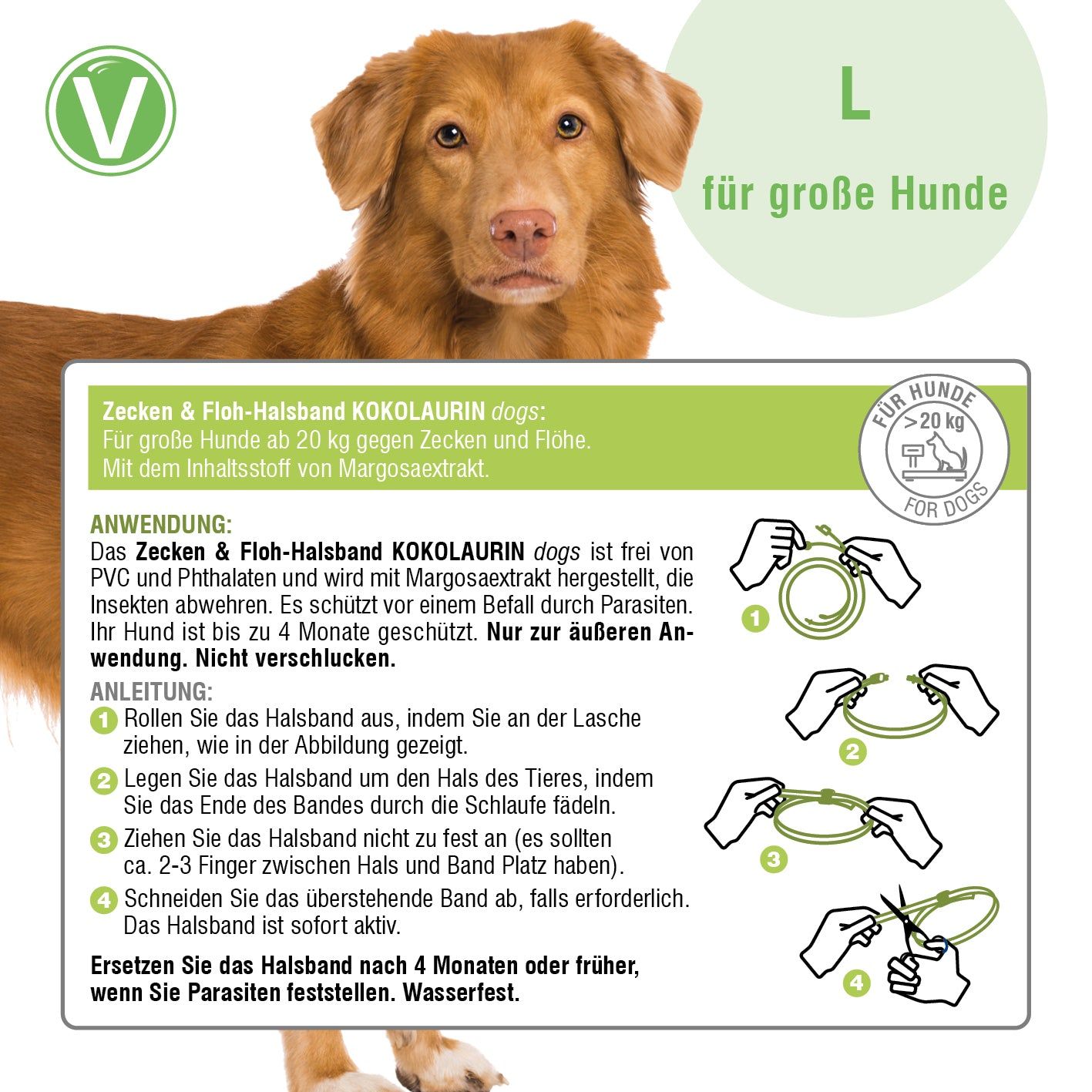 Vorderseite der Verpackung des Vetlando Zecken- & Floh-Halsband Kokolaurin für große Hunde. Mit Bild eines Hundes.