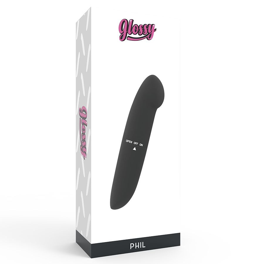 Schwarzer Vibrator mit abgerundeter Form. Das Produkt ist in einer Verpackung mit dem Logo "Glossy" abgebildet.