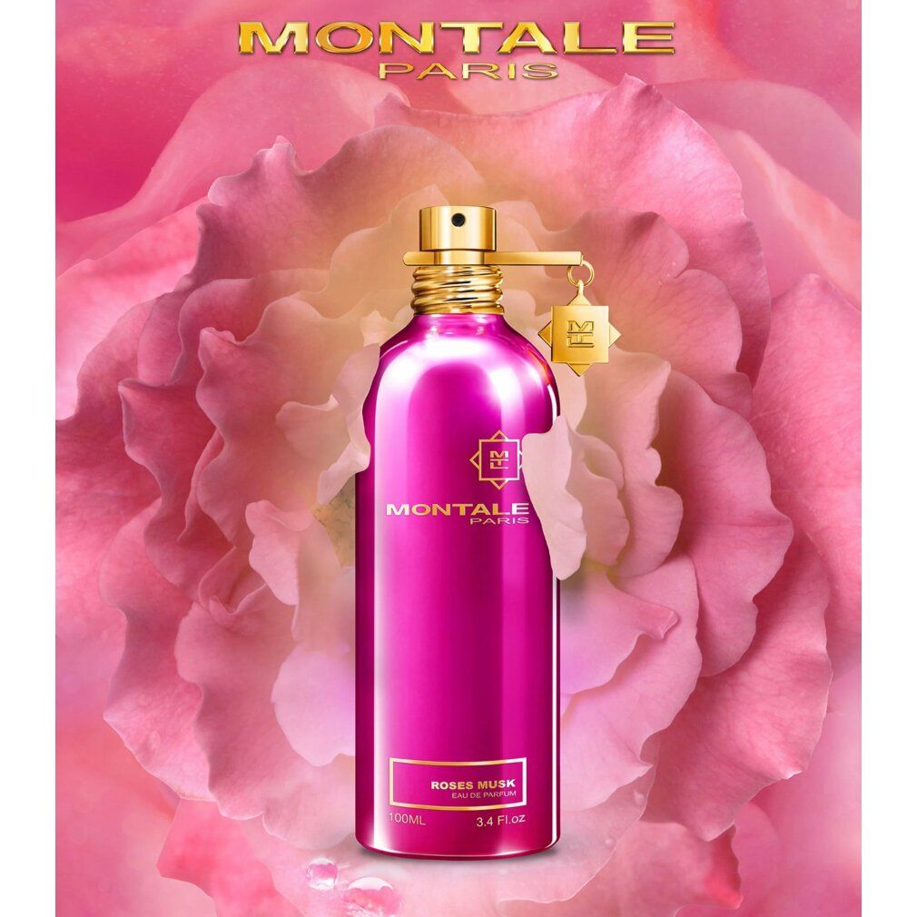 Rosa Parfumflasche vor Rosenblüten. Aufschrift: MONTALE PARIS, ROSES MUSK. Goldener Verschluss.
