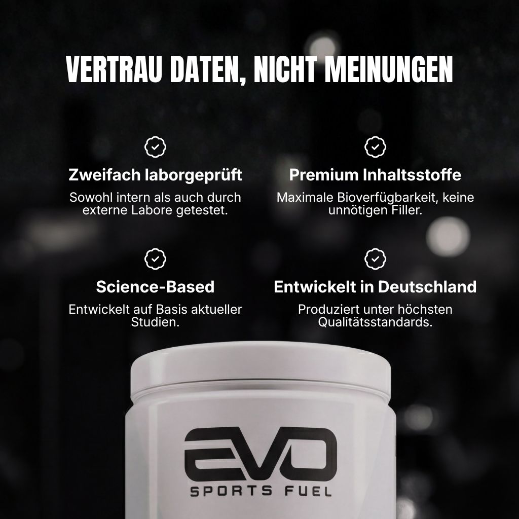 EVO Sports Fuel Flasche mit Text über Laborprüfung, Inhaltsstoffe, Wissenschaft und Entwicklung in Deutschland.