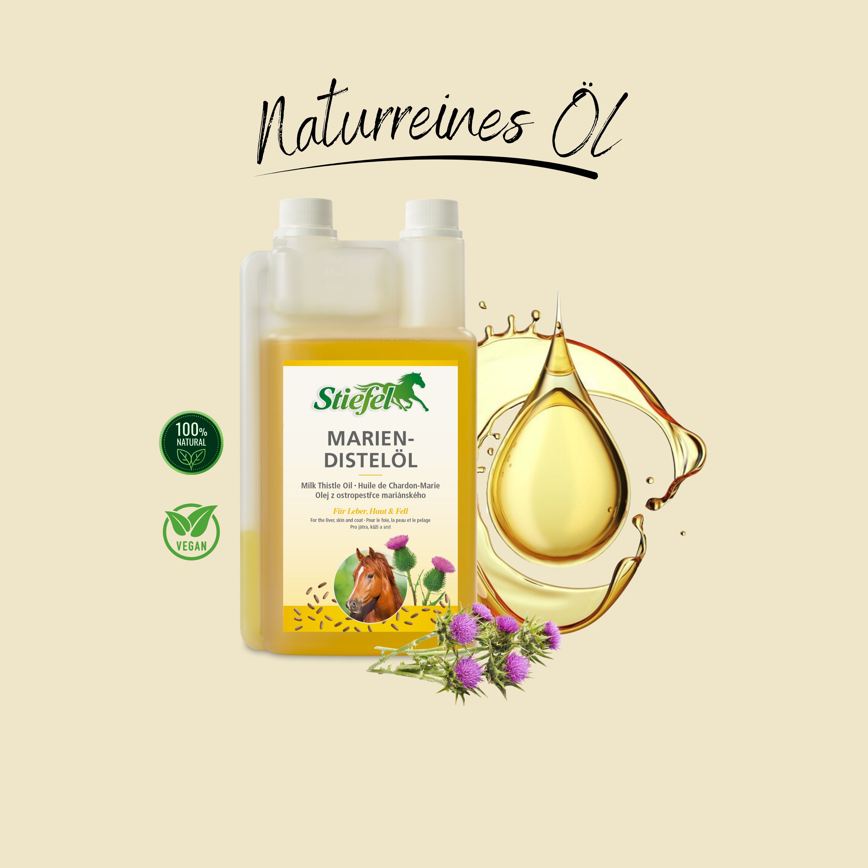Stiefel Mariendistelöl-Flasche mit Etikett, Illustrationen von Distelblüten und Pferd, Tropfen Öl. Text: Naturreines Öl, 100% natural, vegan.