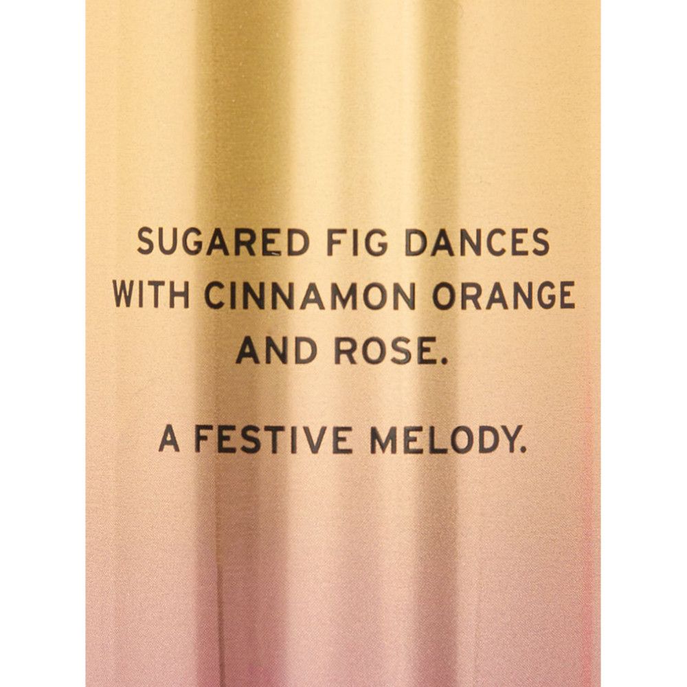 Text auf cremefarbenem Hintergrund: Sugared Fig dances with Cinnamon Orange and Rose. A festive melody.