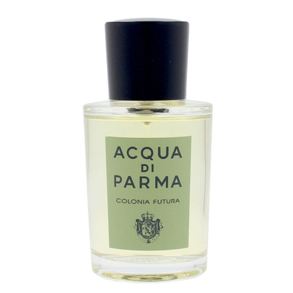 Glasflakon mit schwarzem Deckel. Aufschrift: Acqua di Parma Colonia Futura.