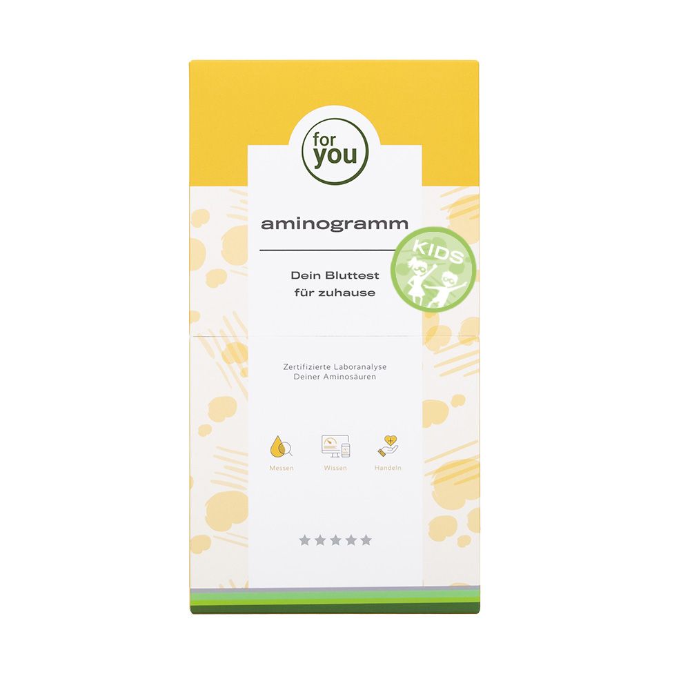 Verpackung für einen "for you" Aminogramm Test für zuhause, speziell für Kinder.