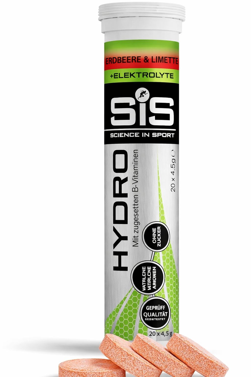 Hydro Tabletten. Tube mit 20 Tabletten. 3 Tabletten liegen daneben. Aufschrift: SIS Science in Sport, Erdbeere & Limette.