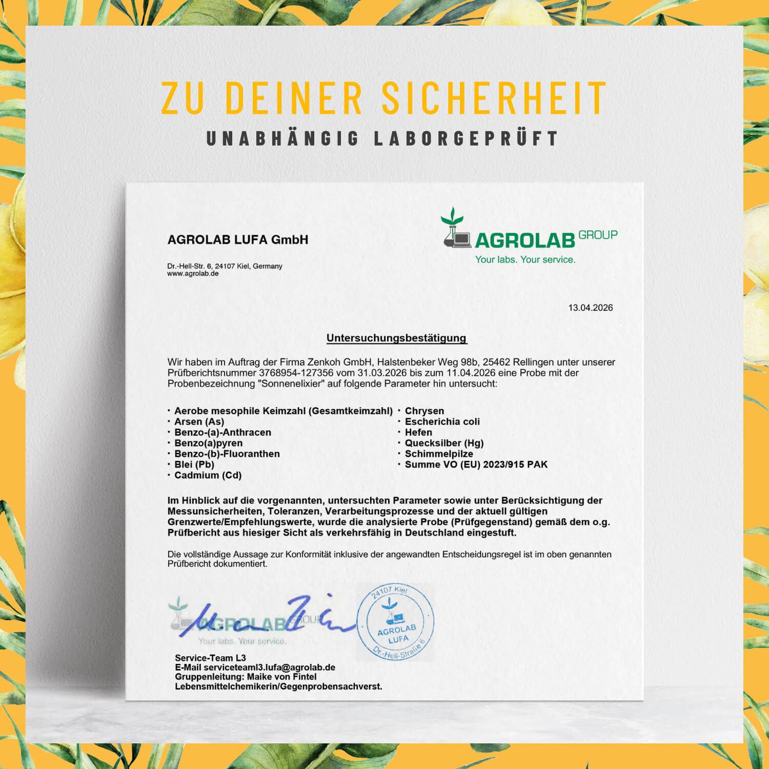 Zertifizierungsdokument von Agrolab LUFA GmbH. Enthält Testergebnisse für das Produkt 'Sonnenelixier'.