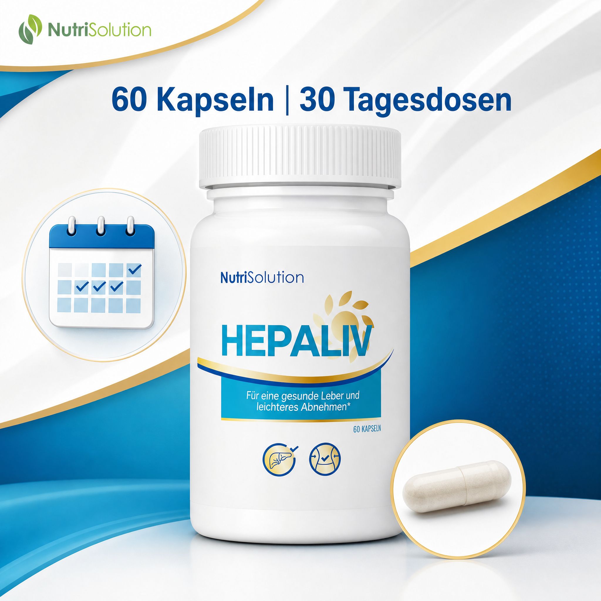NutriSolution Hepaliv-Flasche mit Kalender-Symbol. Enthält 60 Kapseln | 30 Tagesdosen.