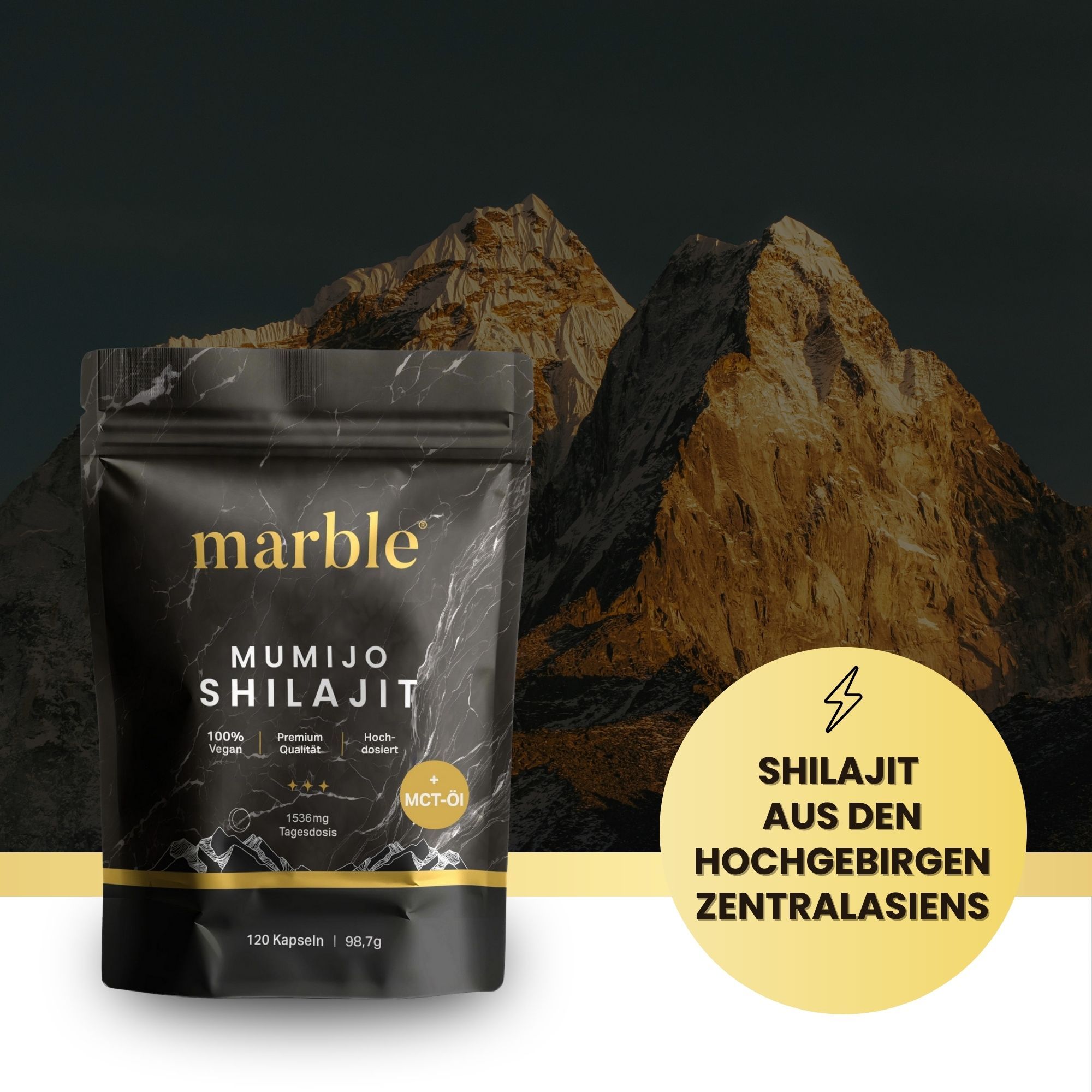 Produktverpackung vor Berglandschaft. Text: Shilajit aus den Hochgebirgen Zentralasiens. Aufdrucke: 100% Vegan, Premium Qualität, hochdosiert.