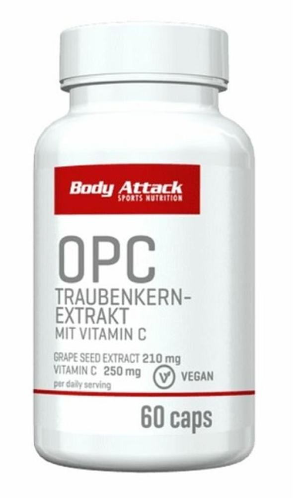 Weiße Kapsel-Dose mit rotem Etikett. Text: Body Attack, OPC Traubenkern Extrakt, Vitamin C, 60 Kapseln. Vegan-Siegel.