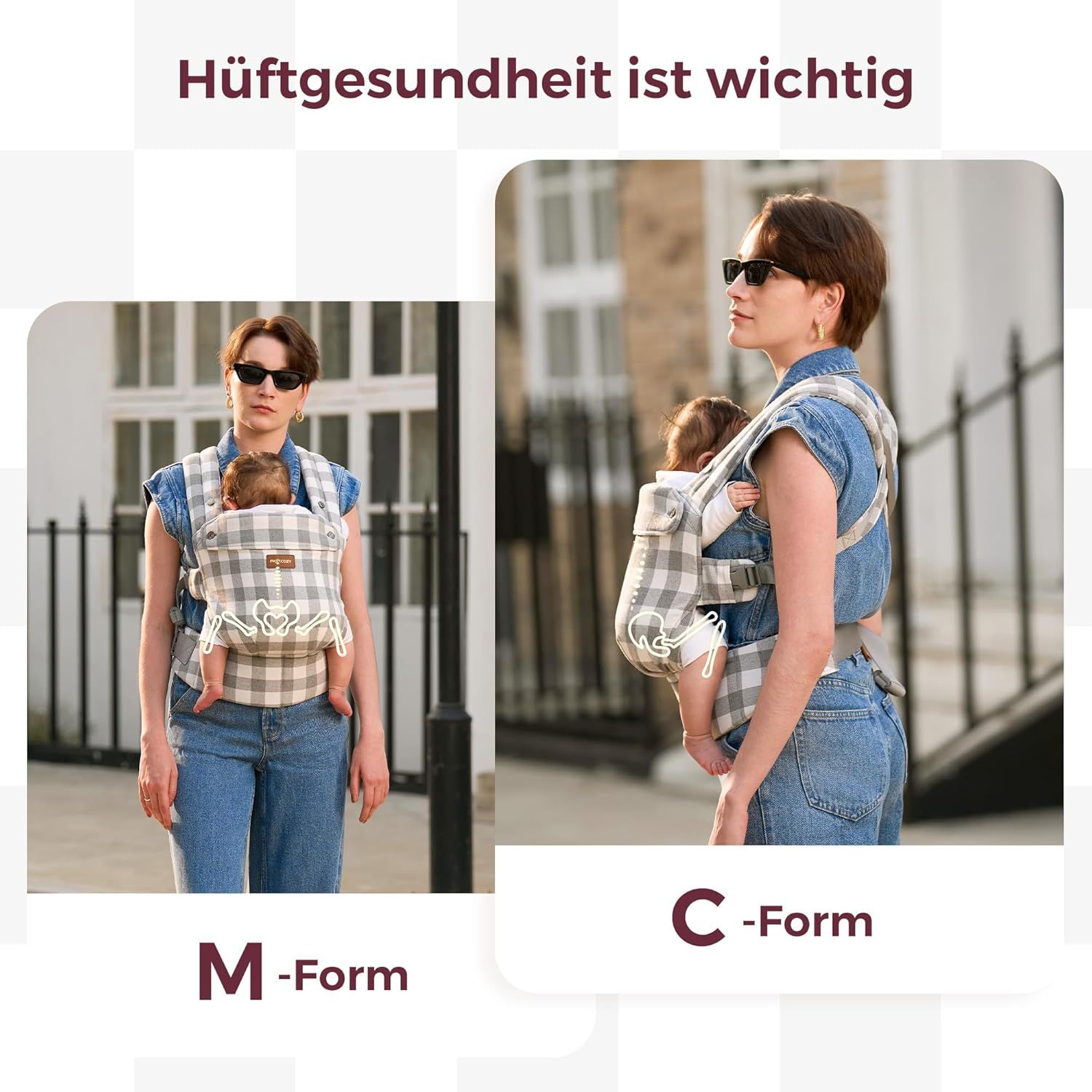 Momcozy Baby Trage - Leichte & Atmungsaktive Karomuster-Blau-Grau
