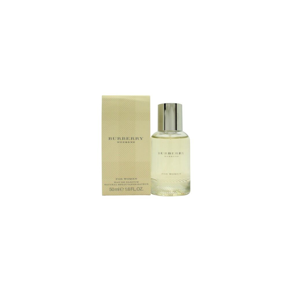 Parfümflakon und Verpackung. Aufschrift: Burberry Weekend. 50ml. Flakon mit silbernem Deckel. Verpackung mit Karomuster.