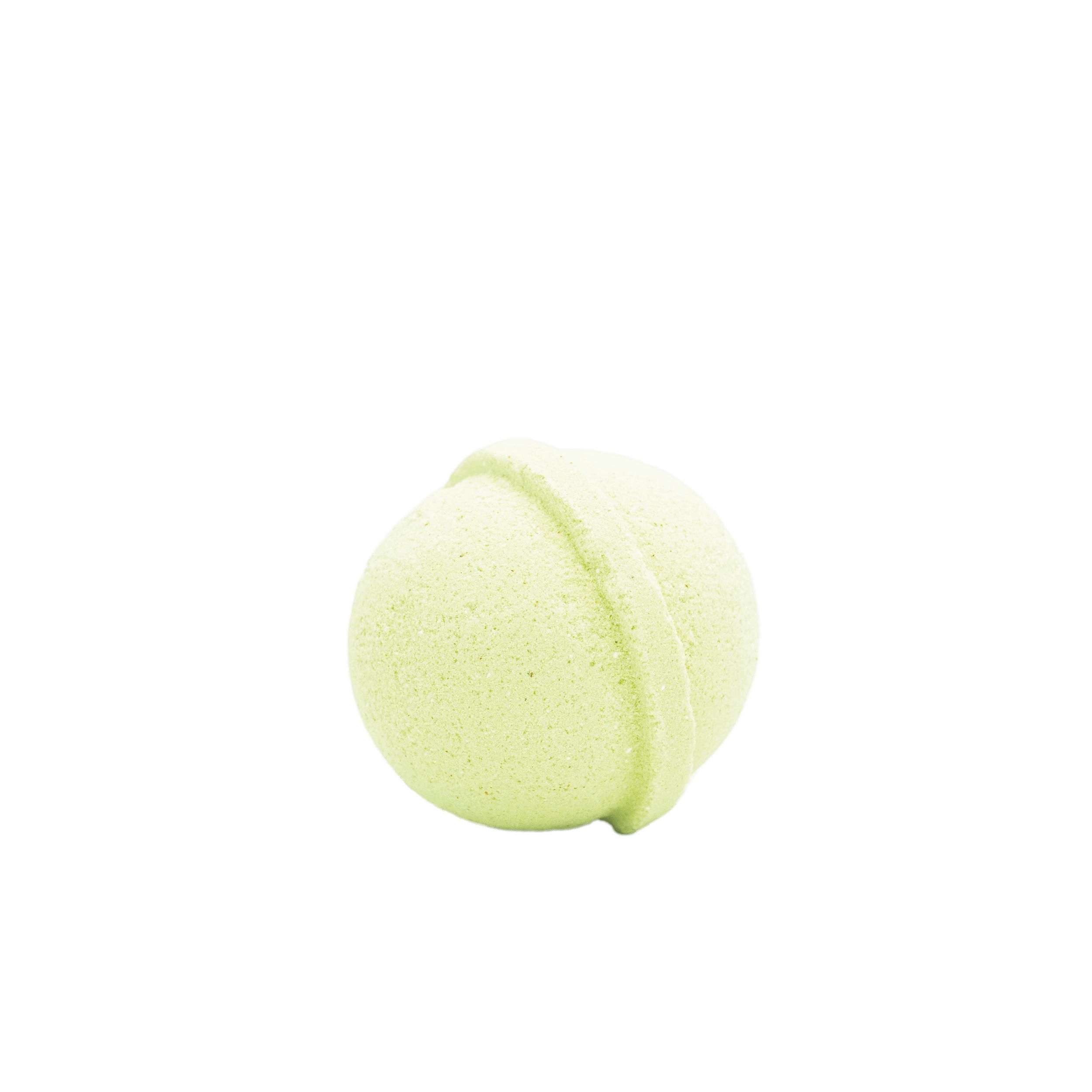 Hellgrüne, runde Badekugel mit umlaufender Rille.