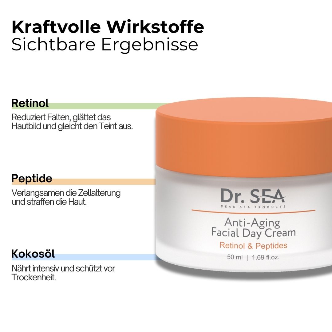 Creme-Tiegel mit Deckel. Text: Kraftvolle Wirkstoffe, sichtbare Ergebnisse. Inhaltsstoffe: Retinol, Peptide, Kokosöl.